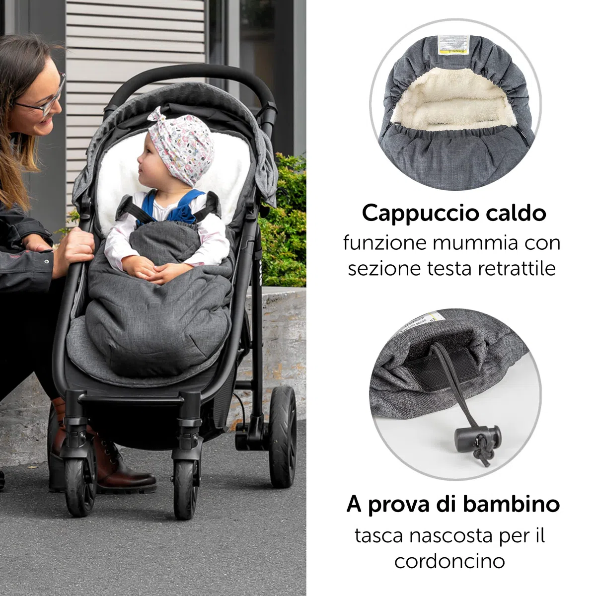 Zamboo Sacco Coprigambe Passeggino Universale per Carrozzina ed Ovetto - Sacco Passeggino Invernale 2in1 in Pile con Tasca - Grigio