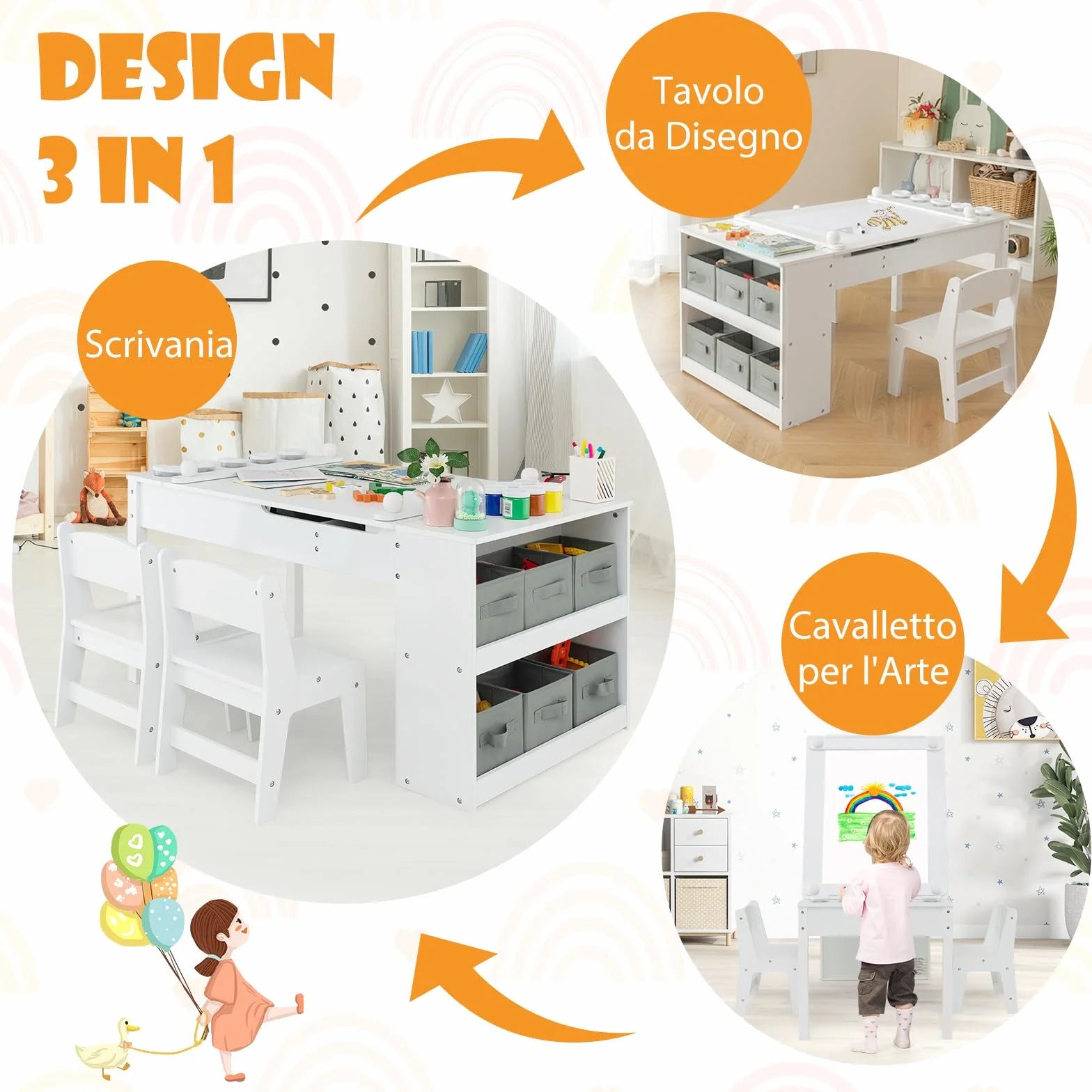 RELAX4LIFE Tavolo D'arte per Bambini con 2 Sedie, Legno, Piano Sollevabile, 6 Cassetti, 4 Tazze Pittura