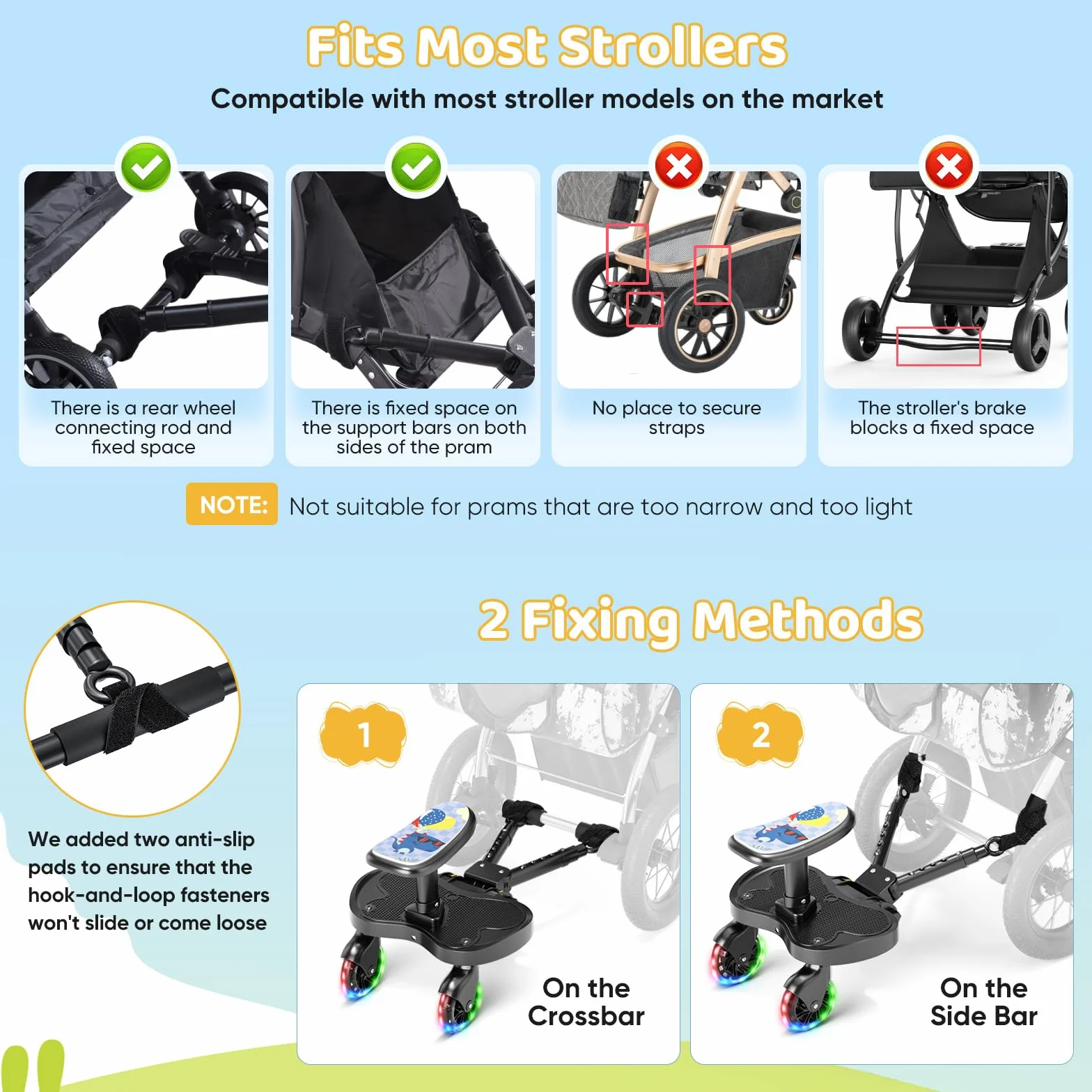 Passeggino con ruote a LED, pedana per passeggino, per bambini da 2 a 6 anni (25 kg), compatibile con il 99% di tutti i passeggini
