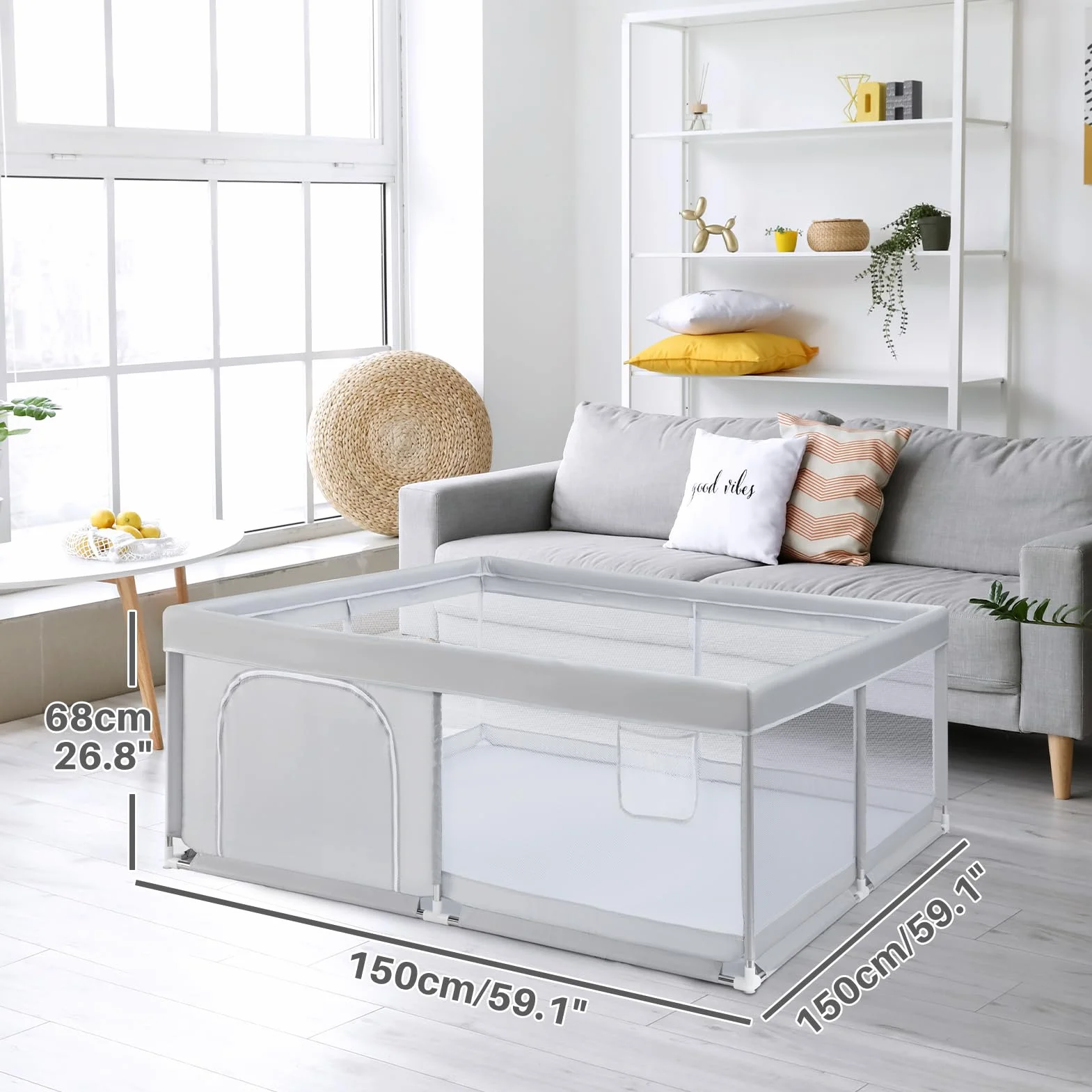 BEJOY Box per Bambini, 150 cm Compatto e Resistente, Protezione in Schiuma, Antiscivolo, Porta Rotonda con Cerniera, Rete Traspirante Trasparente Centro Attività per Neonati e Bambini Piccoli