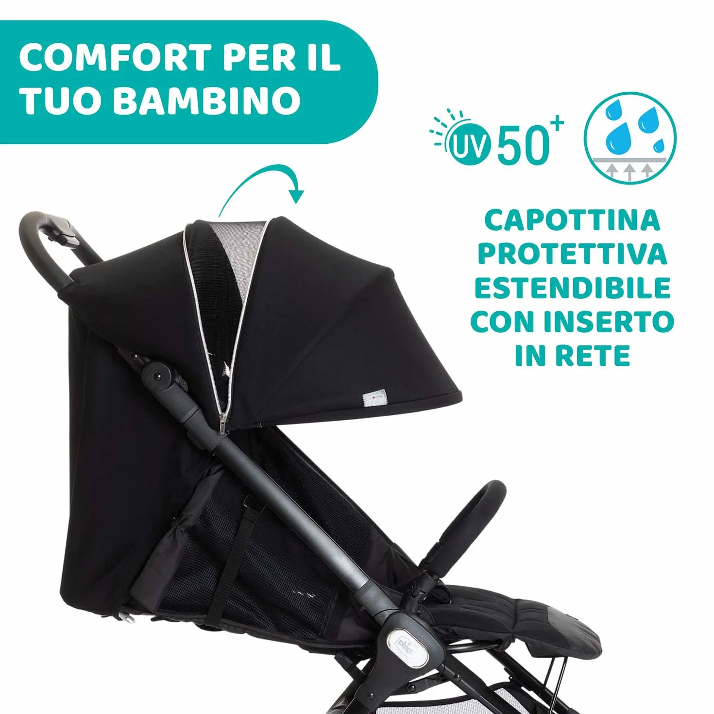 Chicco We Passeggino Leggero e Compatto 0-22 kg Reclinabile Chiusura Una Mano Capotte Parasole Parapioggia Nero
