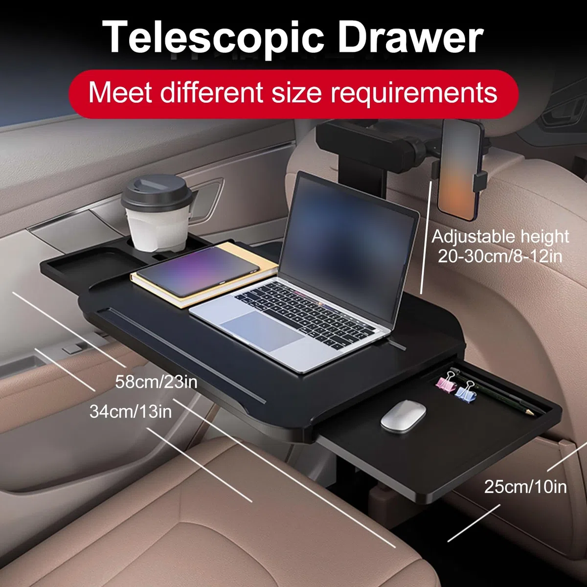 Tavolino per Auto con Vassoio Espandibile e Scomparto per Tazza di Bevande, Vassoio Portatile Pieghevole per Sedile Posteriore Dell'auto, 58 * 25 cm, Adatto alla Maggior Parte dei Veicoli
