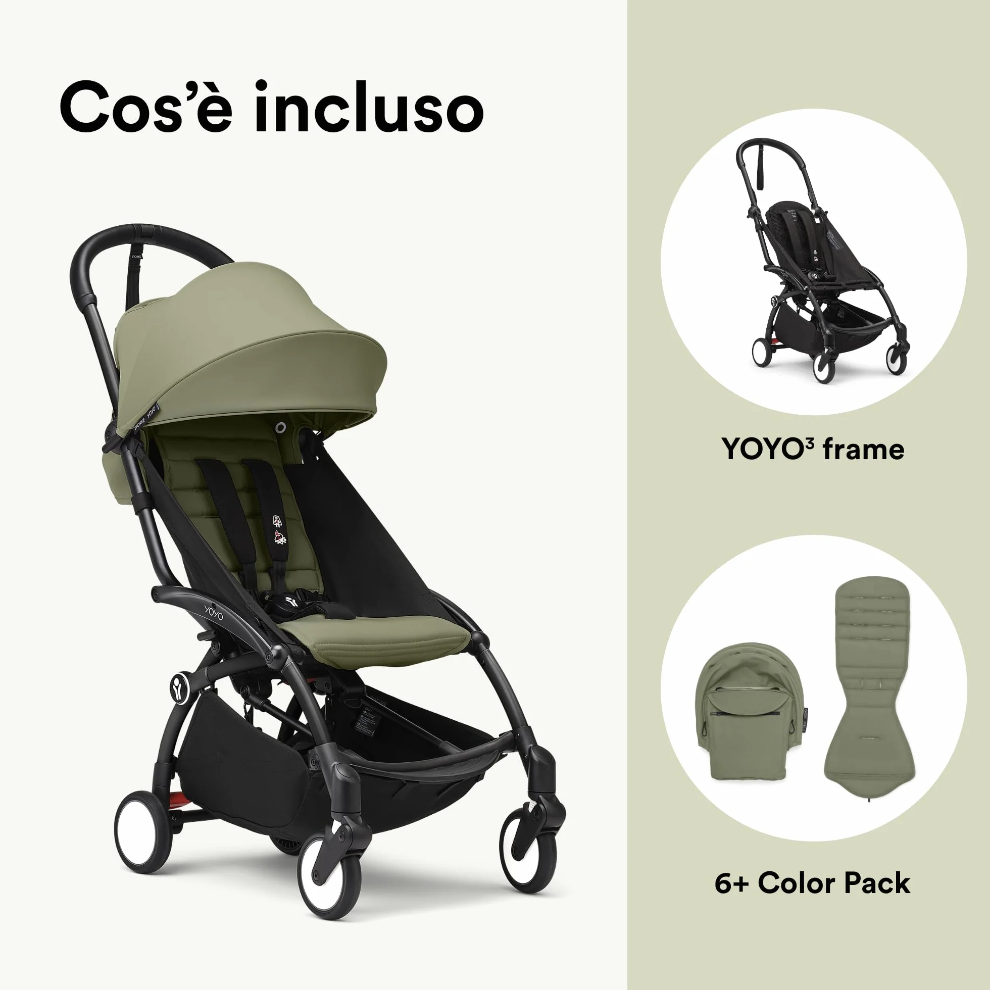 Stokke YOYO3 Passeggino da 6 mesi Telaio Nero Cuscino Seduta Olive Capottina Ripiegabile Compatto