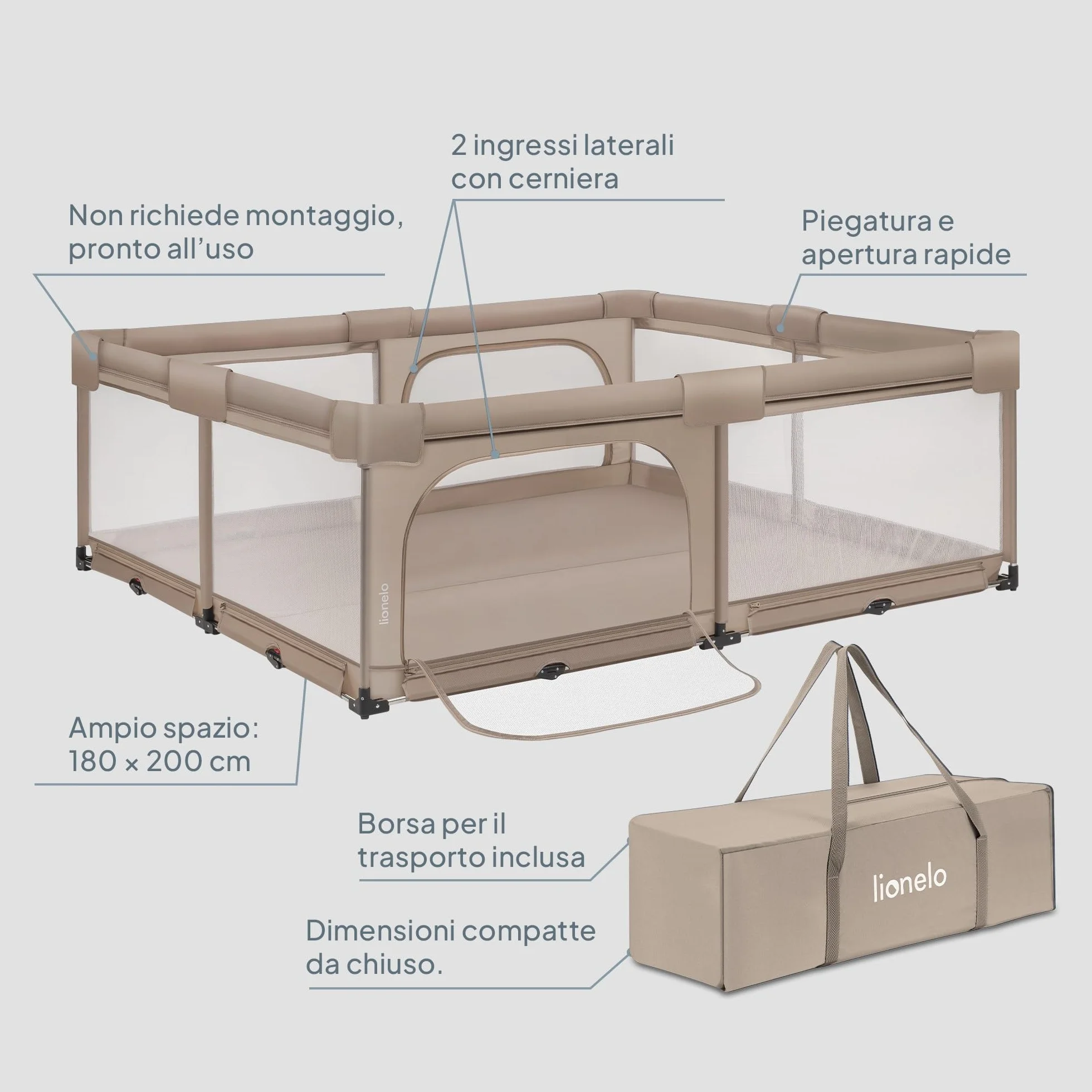 Lionelo FLORENCE XL EASY FOLD Box per Bambini 180 x 200 cm Recinto Pieghevole con Lati in Rete