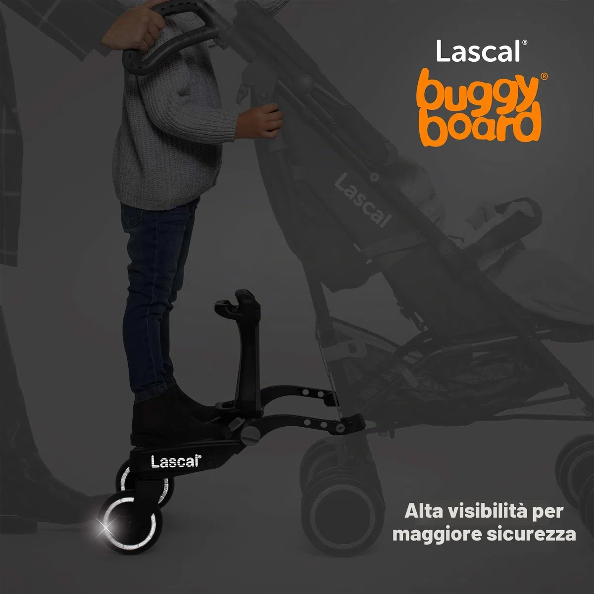 Lascal BuggyBoard Maxi+, Pedana passeggino universale compatibile con quasi tutti i modelli, Pedana buggy board con sellino per bambini di 2-6 anni (22 kg), nero/grigio