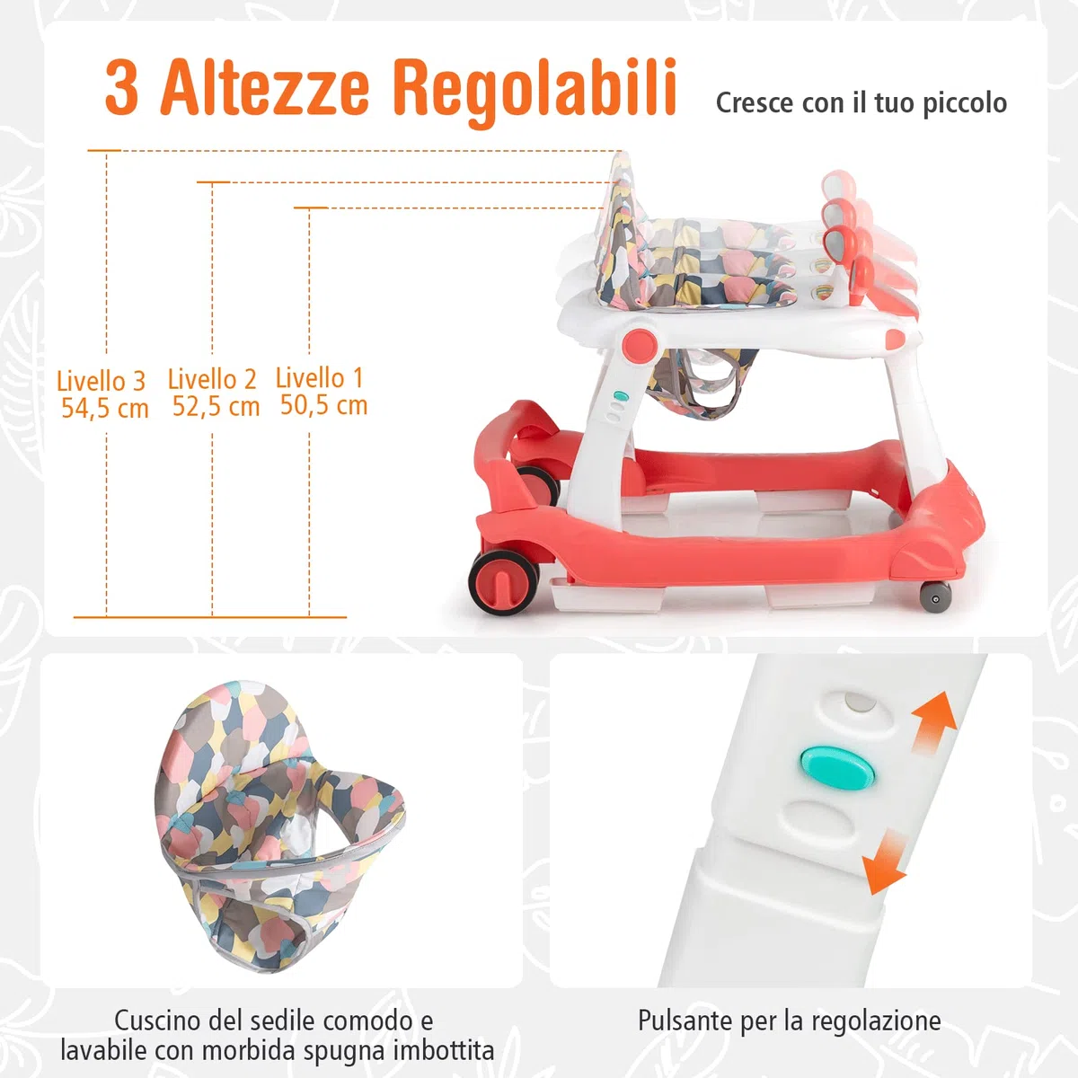 COSTWAY Girello per bambini 2 in 1, Girello con Altezza e Velocità Regolabili, Carillon con Luci e Cuscino Comodo, Primi Passi per Bambini 6-18 Mesi, Capacità di carico: 15 kg (Arancia)
