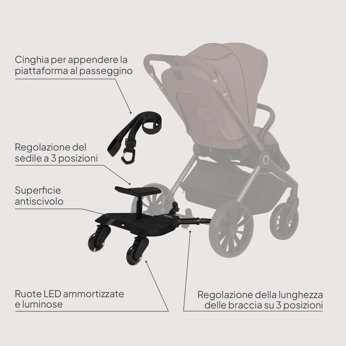 LIONELO Pedana Passeggino BUGGY BOARD con Seduta staccabile, Pedana Universale, per Bambini da 2 a 5 anni, Portata 25 kg, Ammortizzazione, Montaggio Universale, Ruote a LED, Pedane mobili