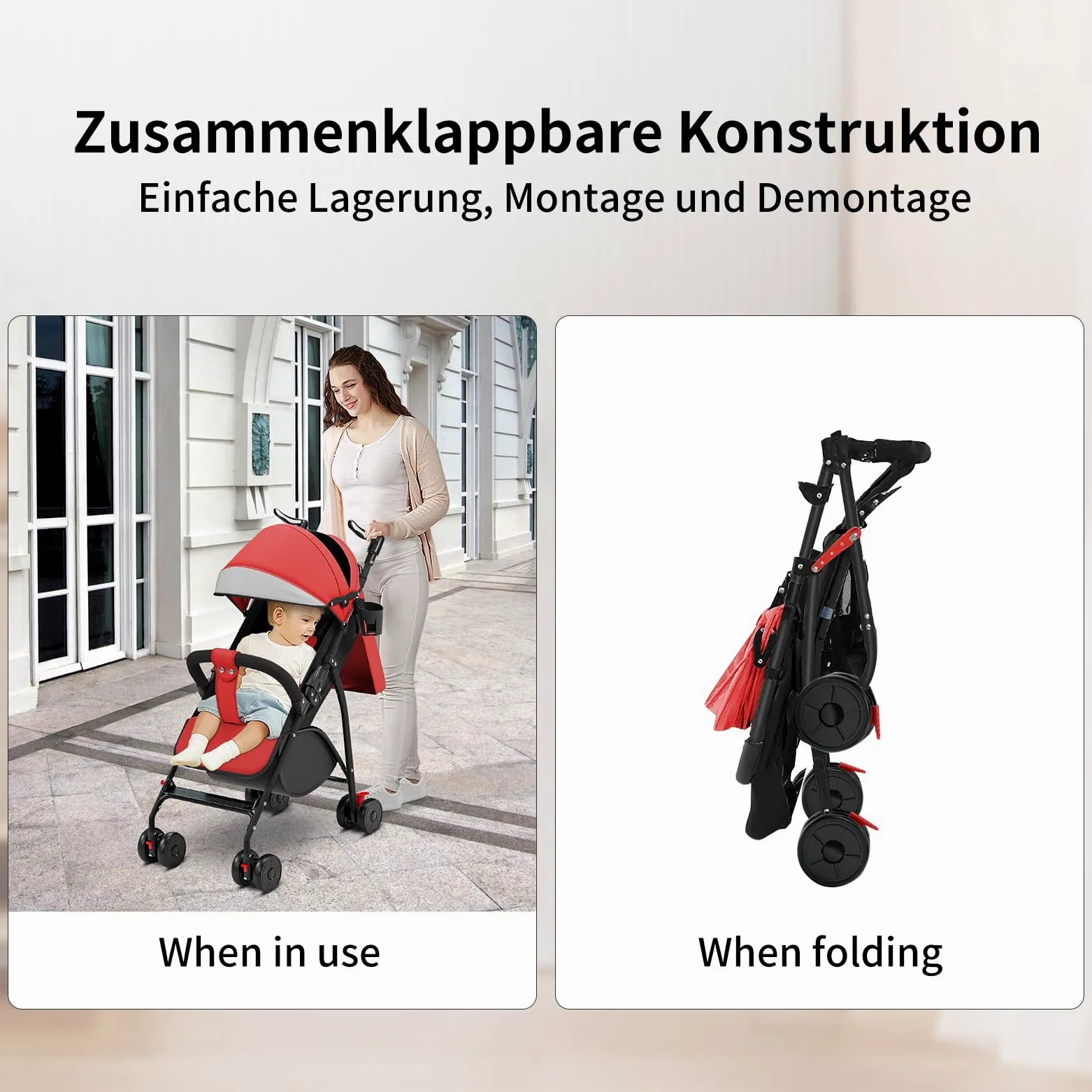 OHMG Passeggino per bambini da 0 a 4 anni, 0 a 22 kg, 3 posizioni di riposo, posizione piatta, pieghevole, con tracolla, imbracatura a 5 punti, cestino, freno a pedale