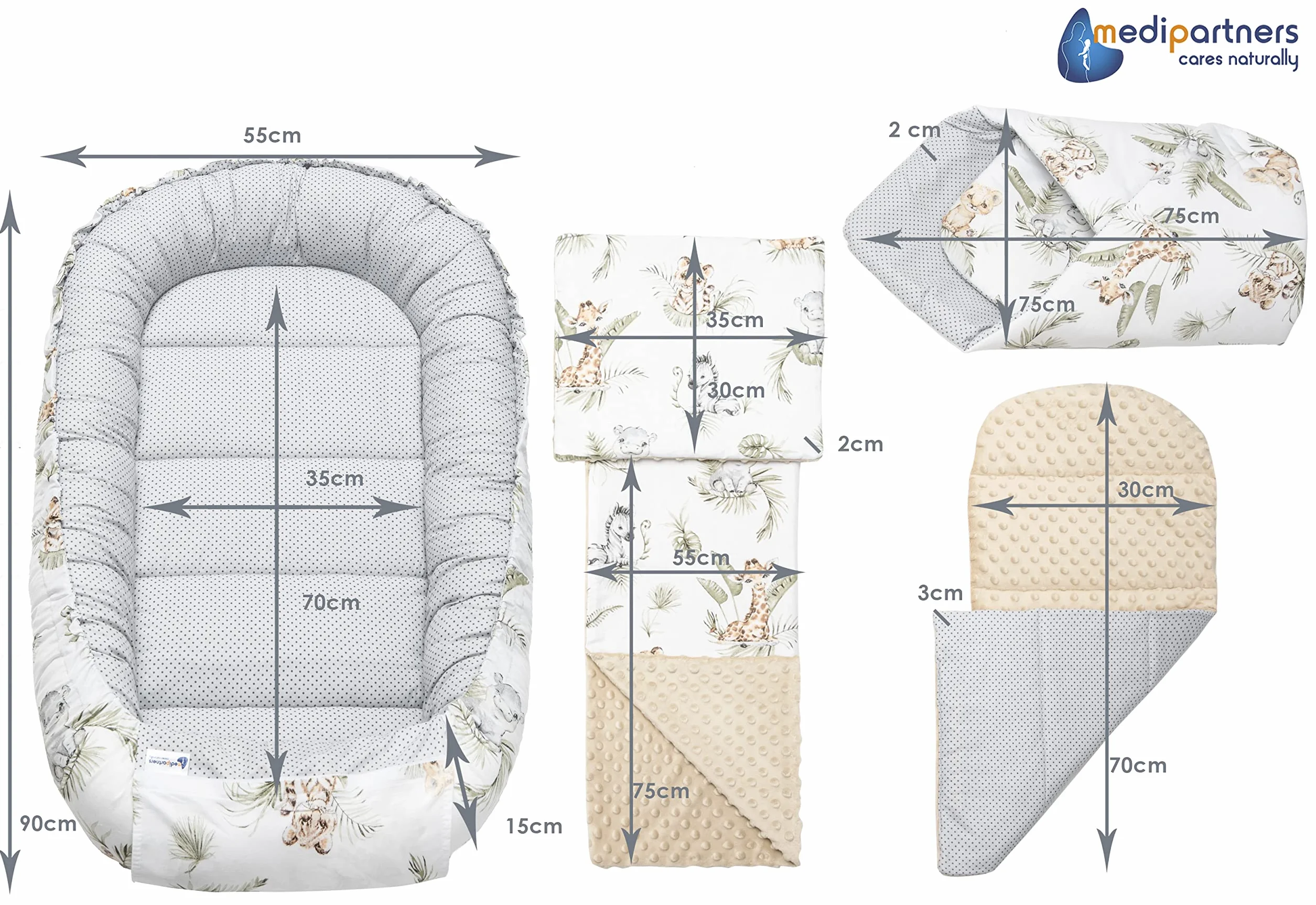 Medi Partners Riduttore Lettino Neonato 100x60x15 Nido Antisoffoco 5-Parti Bozzolo Culla Bebè Cuscino 100% Cotone Safari Minky beige