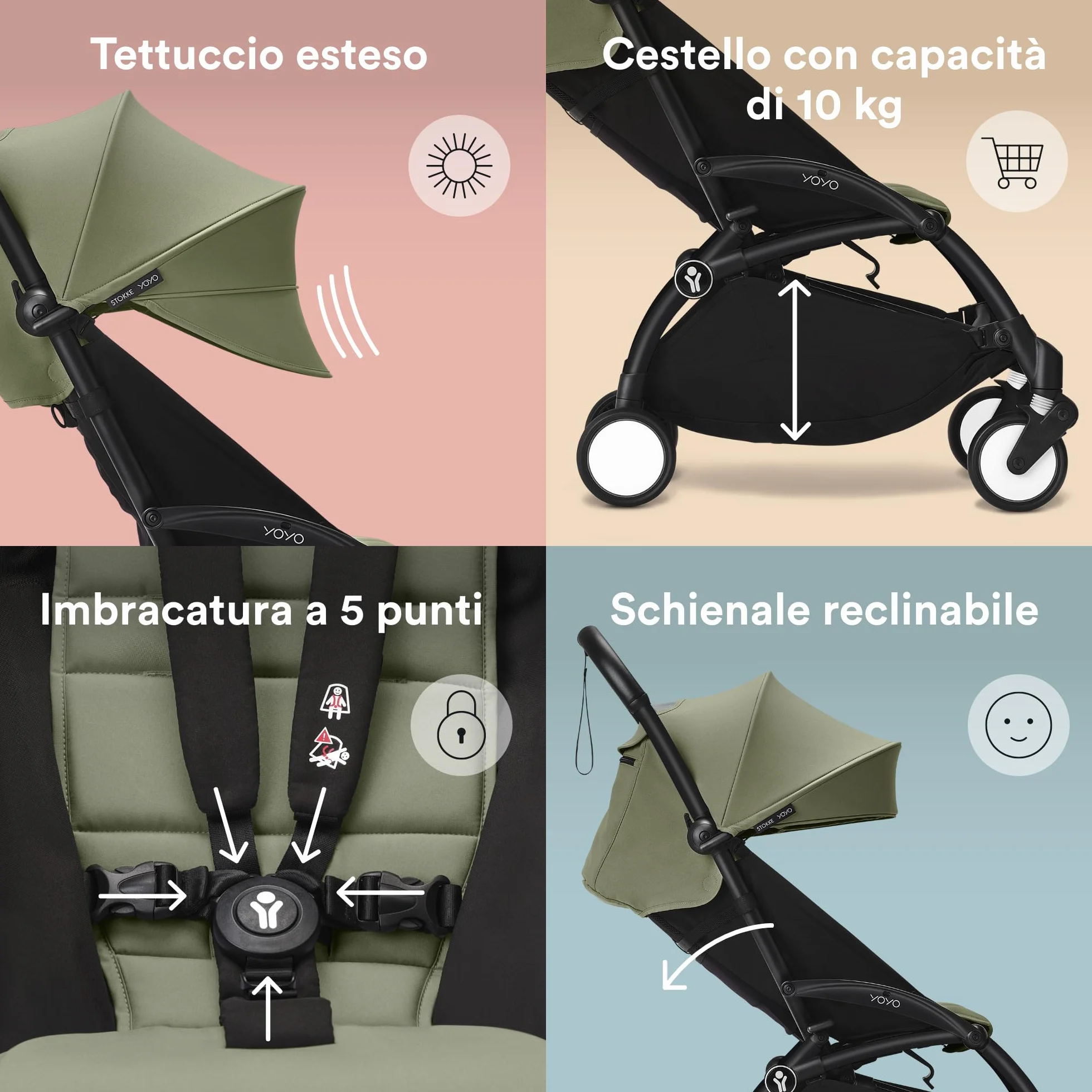 Stokke YOYO3 Passeggino da 6 mesi Telaio Nero Cuscino Seduta Olive Capottina Ripiegabile Compatto