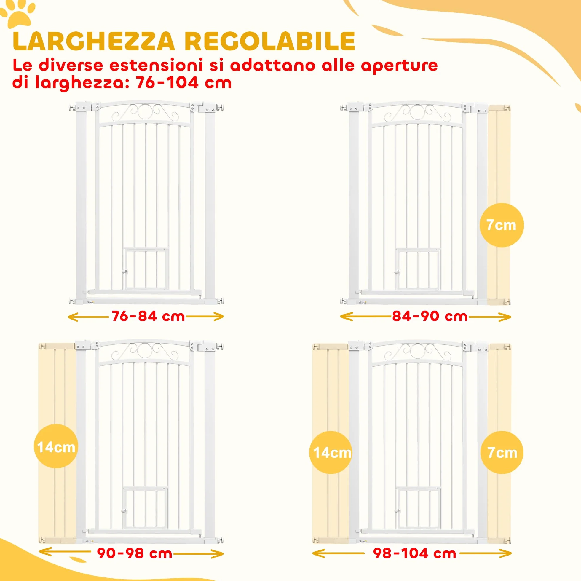 PawHut Cancelletto di Sicurezza per Cani da Interno 76-104 cm con Porta per Gatti, Alto 106 cm, Bianco