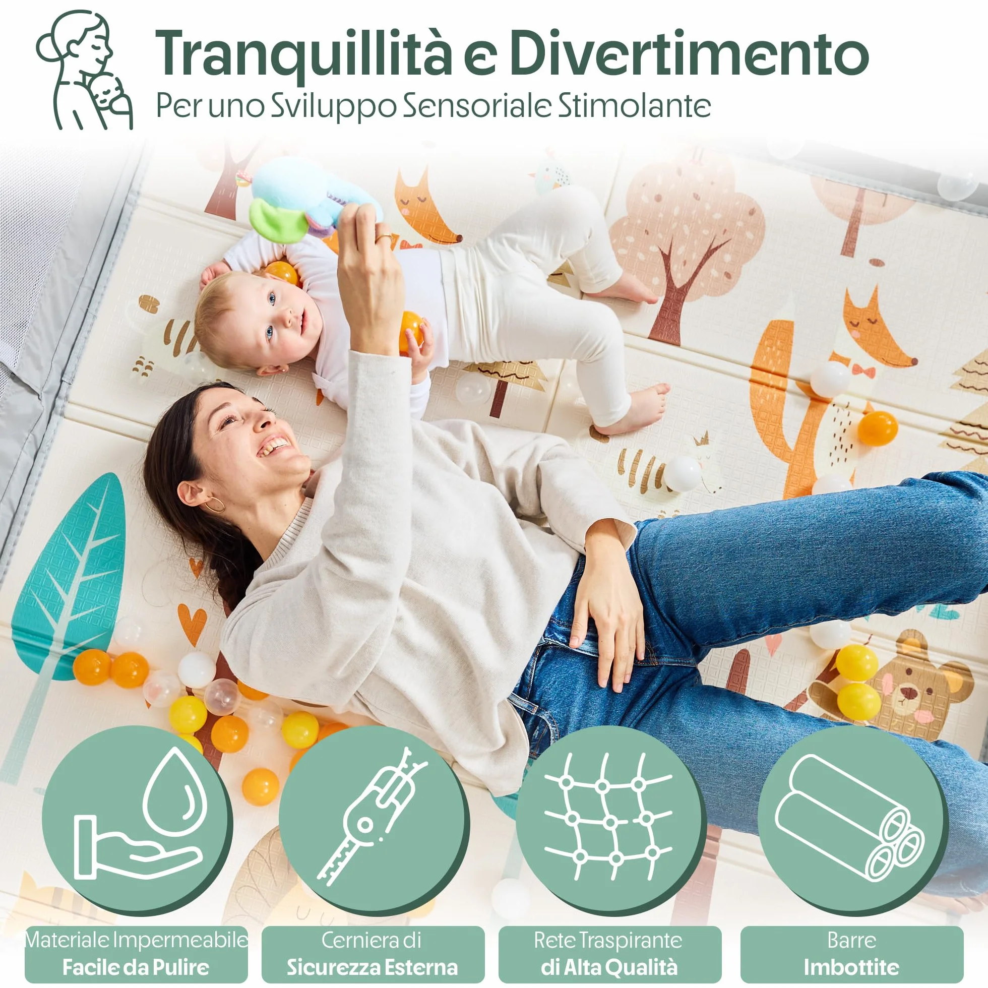 Box Bambini 150x150cm Recinto Gioco Imbottito con Tappetino Reversibile Peluche Sonaglio Sensoriale