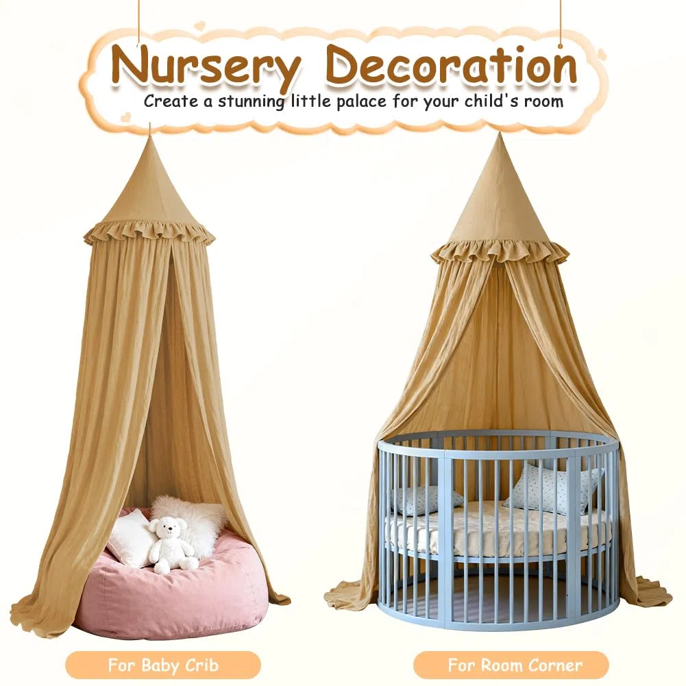 HOTUT Baldacchino per Letto Bambini con Volant,Tenda Sospesa per Culla,Tenda Zanzariera Cupola Rotonda Baldacchino per Decorazione Lettino Culla Bambini Cameretta Camera da Letto Lettura(Torrone)