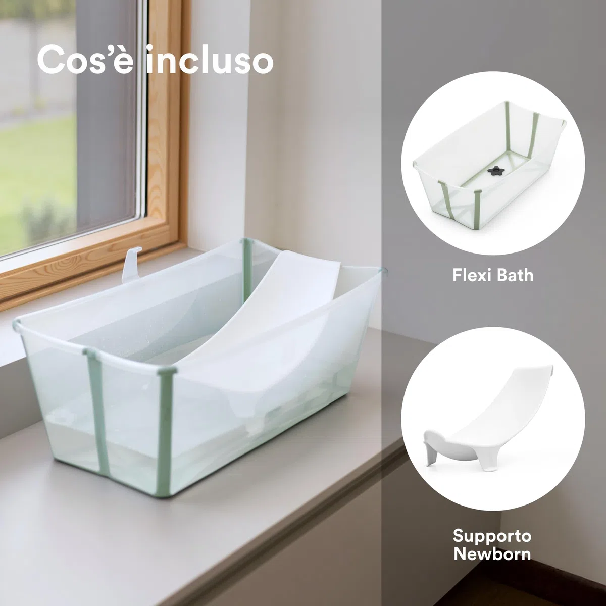 Stokke Flexi Bath (Verde trasparente) con Supporto per neonati - Durevole e Facile da conservare - Comodo da usare a casa o in viaggio - Ideale per neonati fino ai 48 mesi