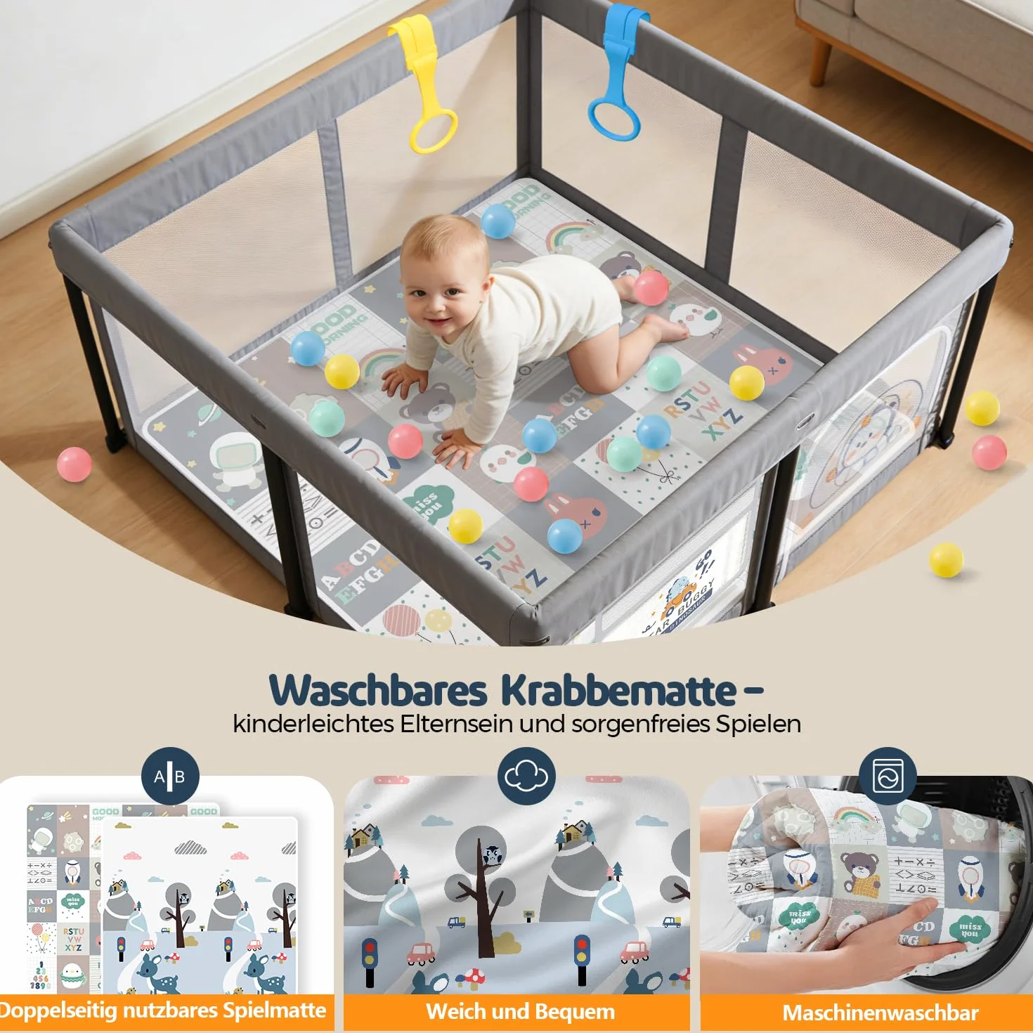 Box Bambini Pieghevole con Materasso 127×127cm, Recinto per Neonati e Bambini, Box Gioco Stabile e Sicuro per Interni ed Esterni