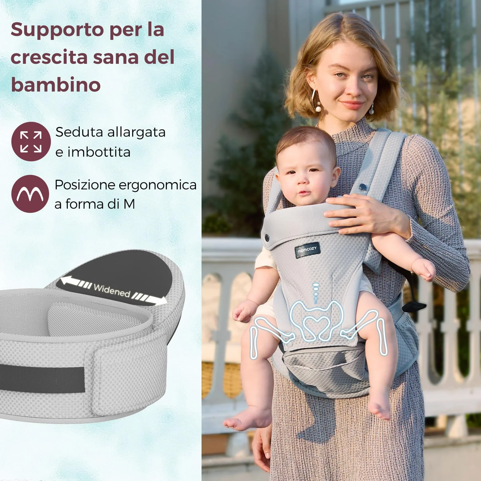 Momcozy Marsupio Neonato con Sede Anca 2 in 1, Portabebè Fronte Strada a Mani Libere fino a 20 kg, Marsupio Bambino 4 Stagioni con Cintura Regolabile fino a 115 cm,Grigio Air Mesh