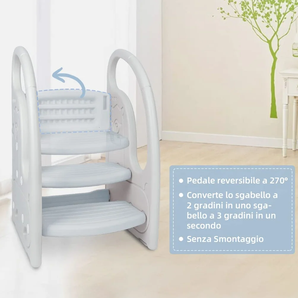 Scaletta gradini per bambini Sgabello a tre gradini Regolabile in Altezza Antiscivolo Grigio