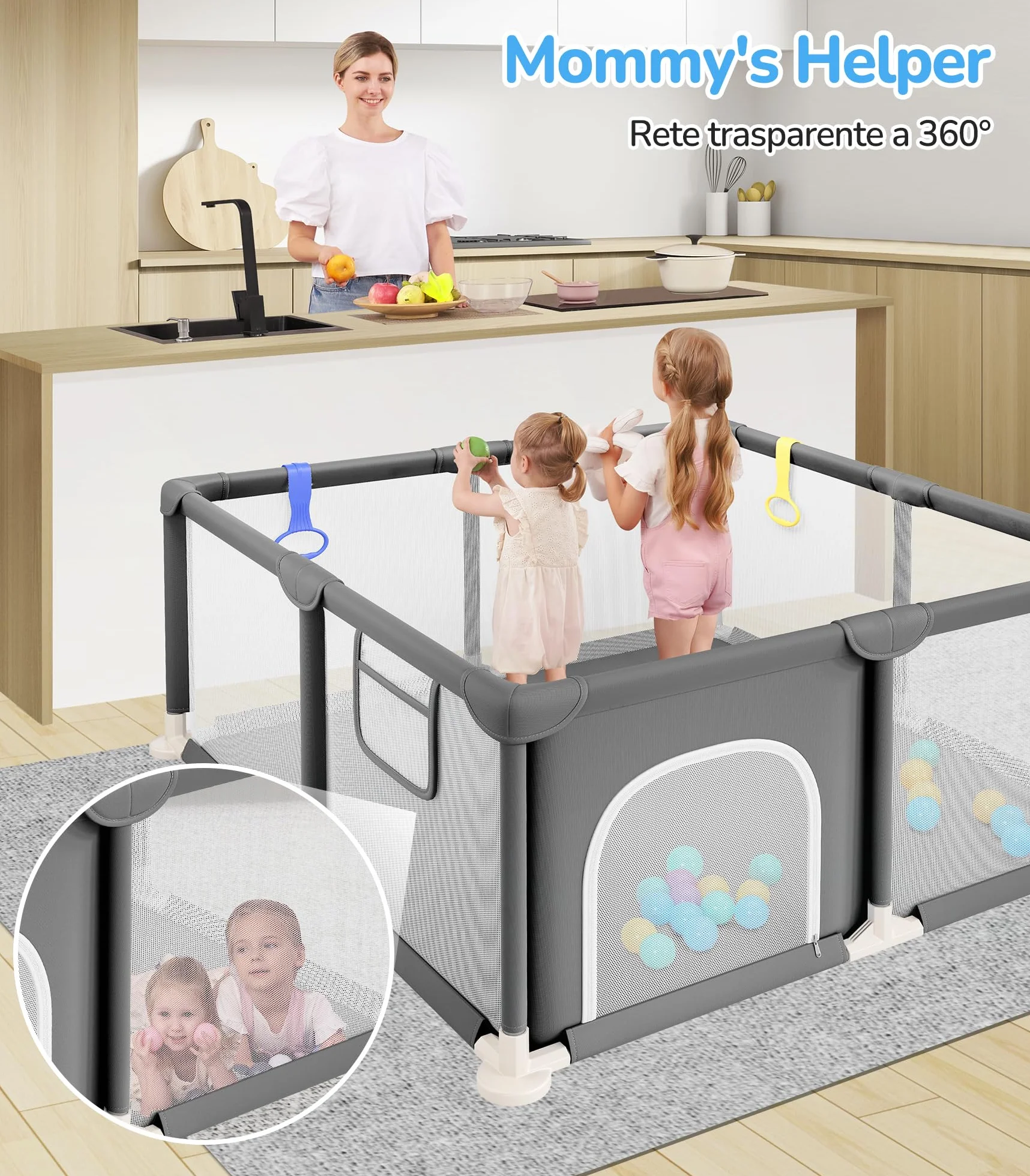 Dripex Box per Bambini Recinto Neonato 124 x 124 cm Rete Traspirante Tessuto Oxford 210D Grigio Scuro