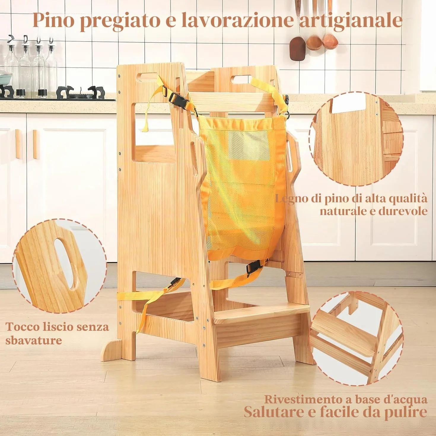 FUNLIO Torre Montessoriana Bambini con Rete Sicurezza, Regolabile 3 Livelli, Torre di Apprendimento