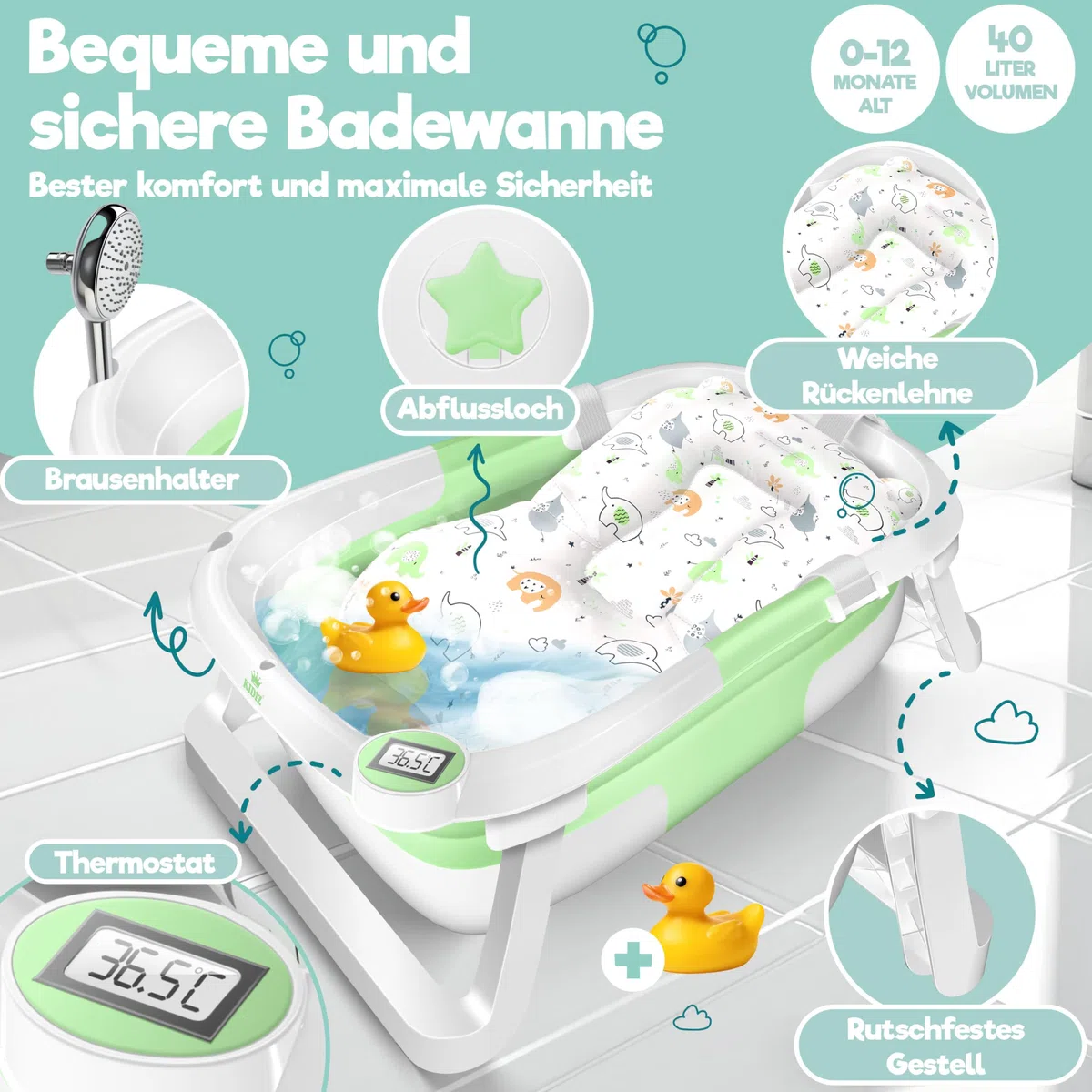 KIDIZ Vasca da bagno per bambini | Navicella salvaspazio e pieghevole | Piatto doccia per neonati da 0 a 24 mesi | Doccia da viaggio portatile per bambini | Bathtub ergonomico con termostato e cuscino