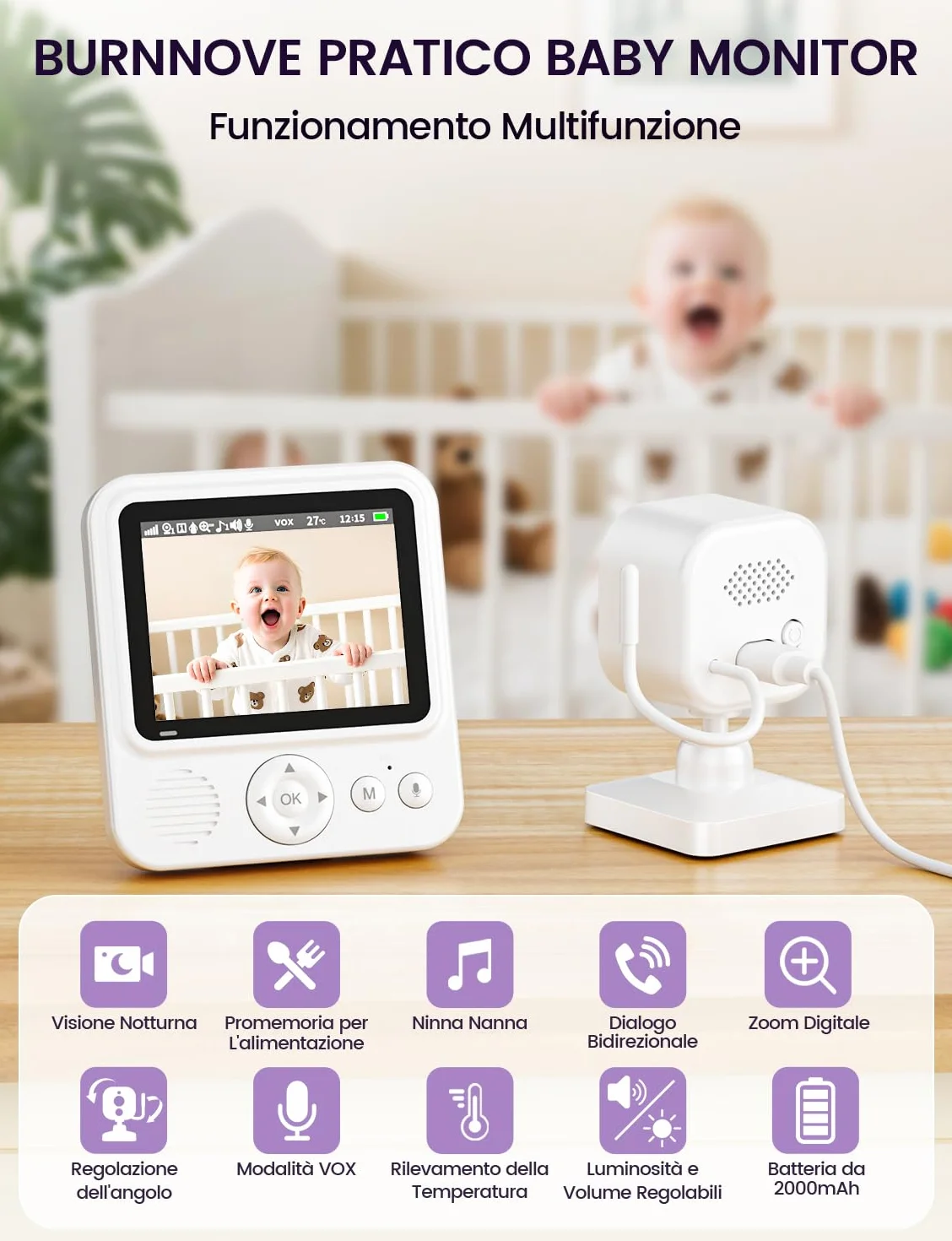 BURNNOVE Baby Monitor Video e Audio 2,8" IPS 720P VOX Visione Notturna Comunicazione Bidirezionale Ninna Nanna