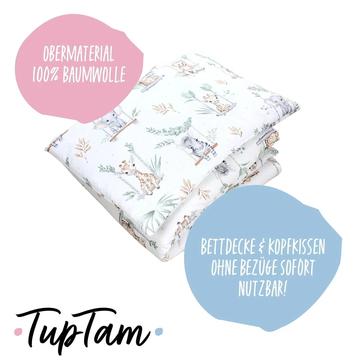 TupTam Set di Piumone Fantasia per Bambini Tutte le Stagioni Cuscino Piatto 2 pz., Safari sull'altalena, 135x100 cm