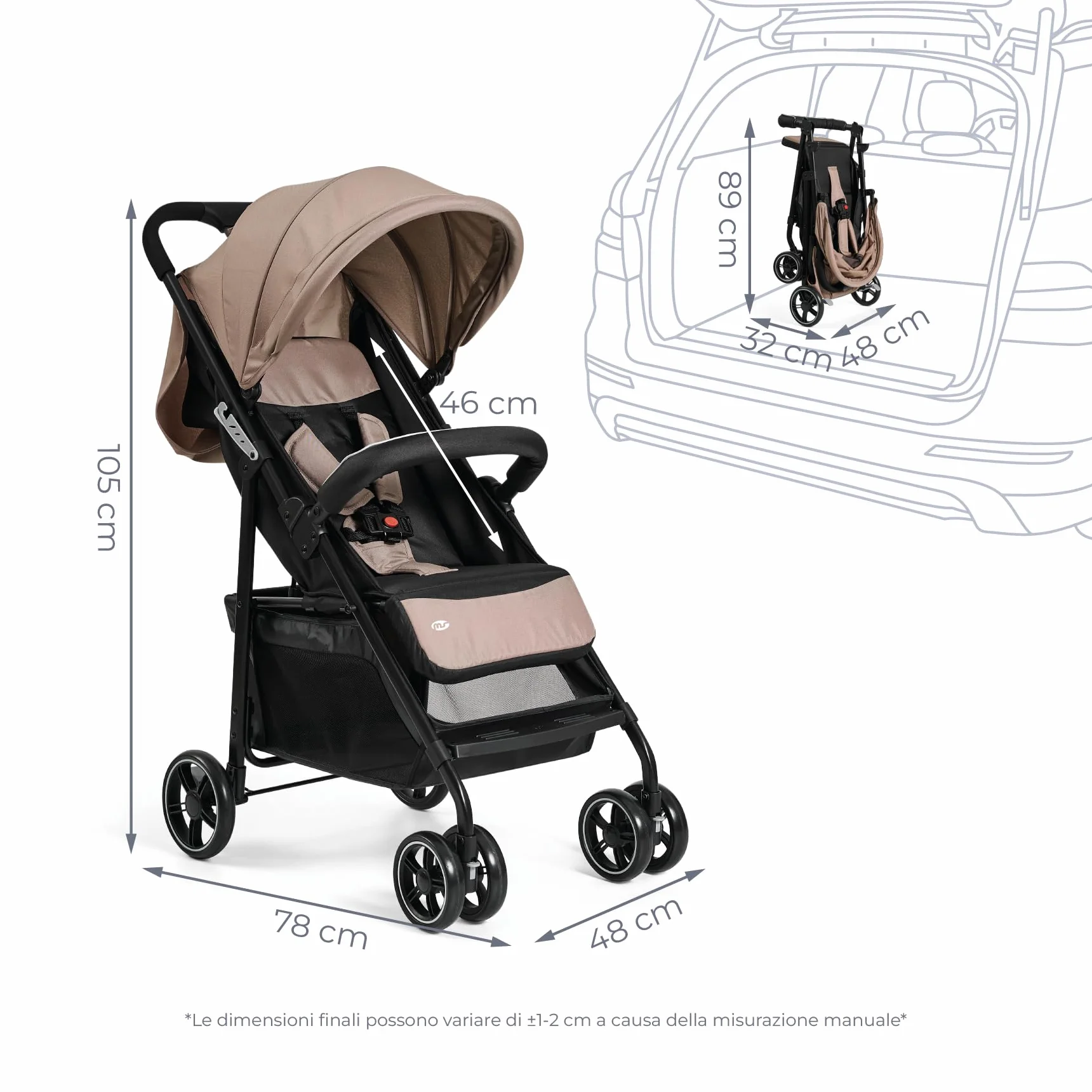 MS BabyWorld Passeggino STREET Carrello bimbo leggero Dalla nascita a 36 mesi 22 kg Ammortizzatori Cappottina XXL Reclinazione massima Beige