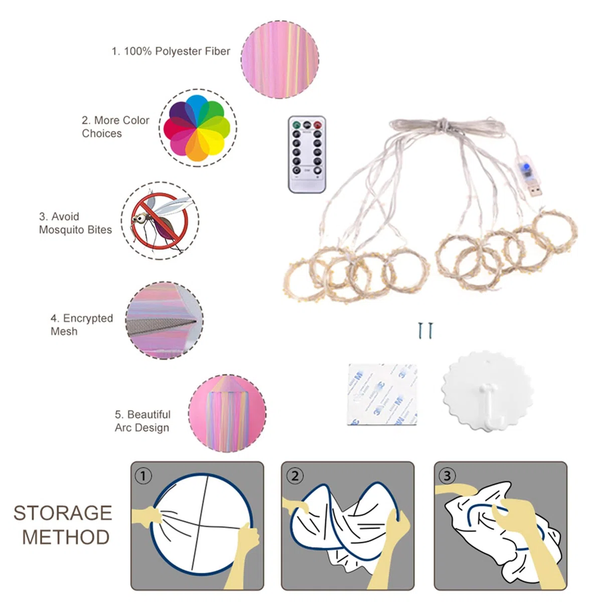Principessa baldacchino letto con 250pcs luci bianche calde tenda, baldacchino letto arcobaleno per le ragazze camera decorazione o festa a tema unicorno