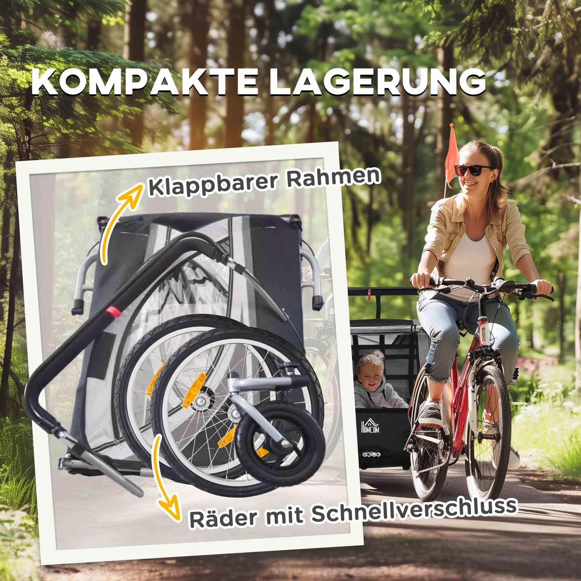 HOMCOM 2 in 1 Kinderfahrradanhänger mit Mesh-Tür, 360° Drehbares Vorderrad, Buggy mit Bremse, 142 x 75 x 101 cm