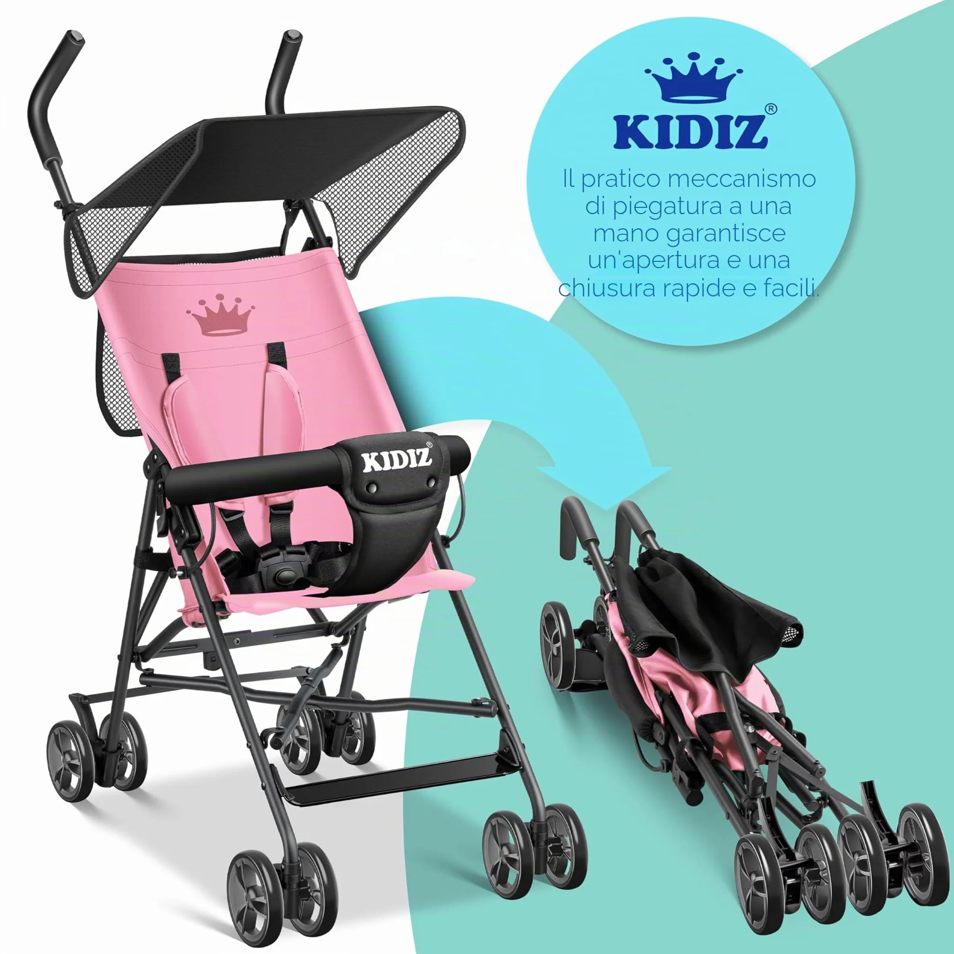 KIDIZ® Passeggino CITY Pieghevole per Bambini con Ruote 4 Pollici e Parasole