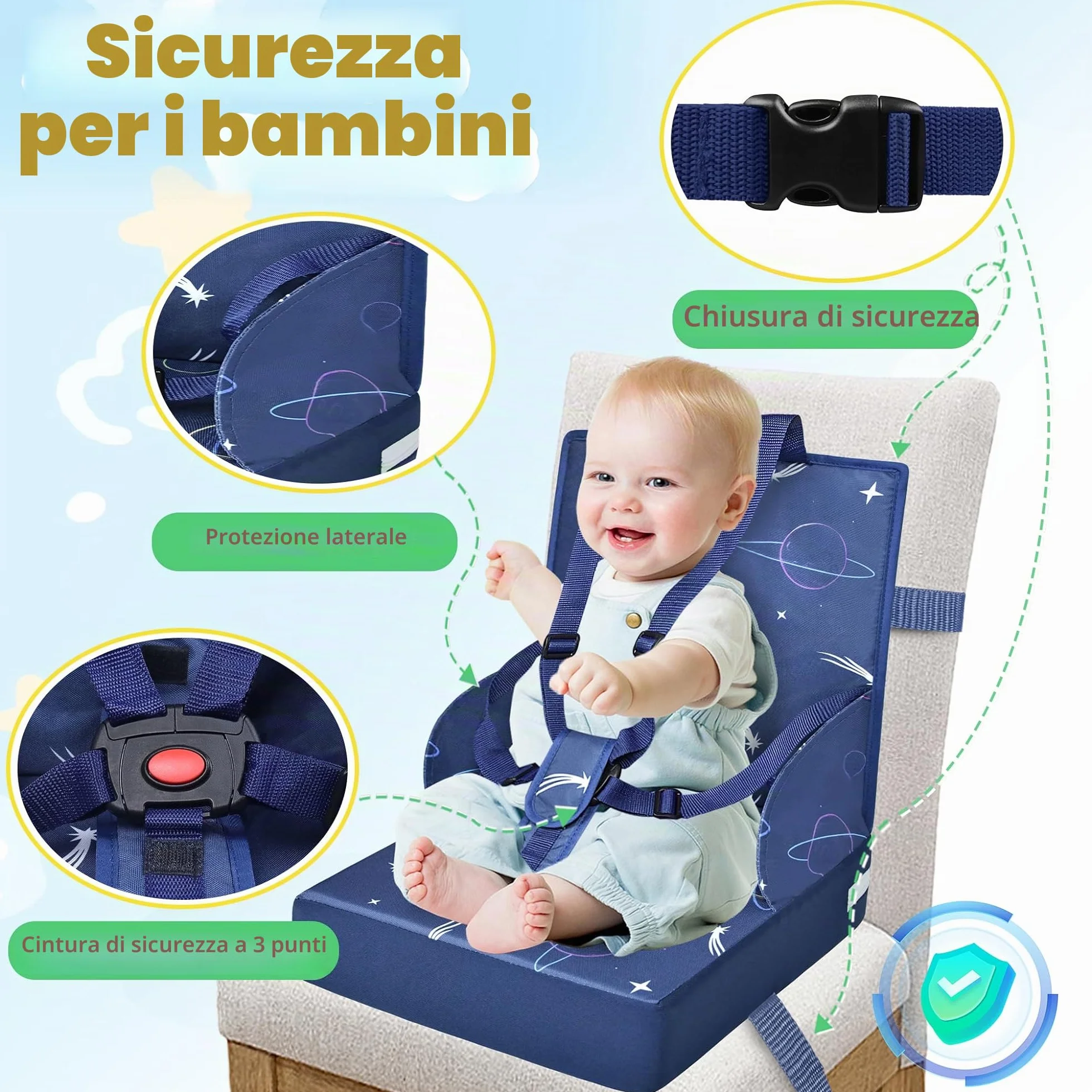 Sedia per bambini portatile con cintura di sicurezza regolabile antiscivolo lavabile blu