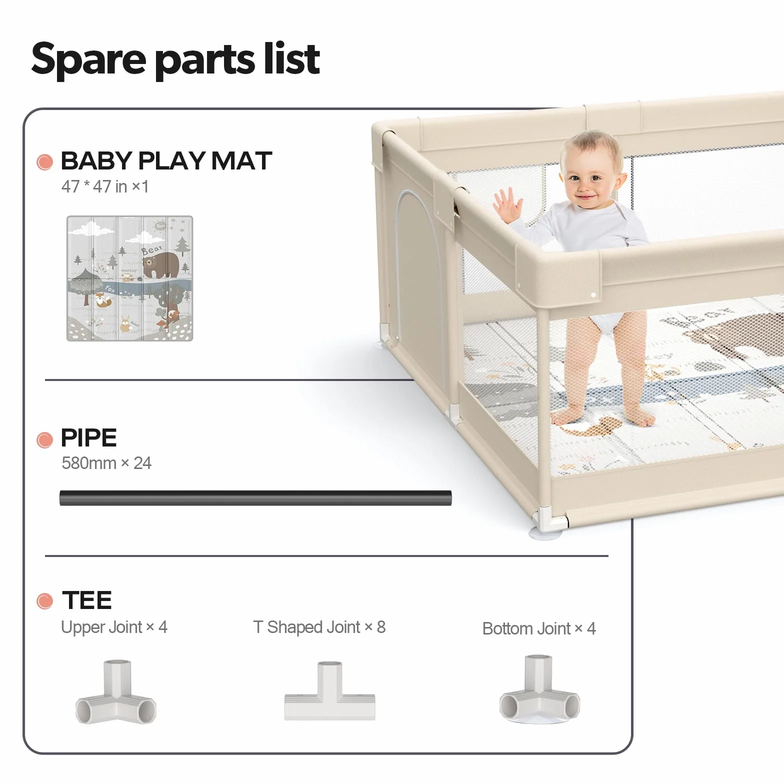 Fodoss box recinto morbido per bambini, neonato, 120x120cm, con Rete Traspirante Sui Quattro Lati e Ventose-beige