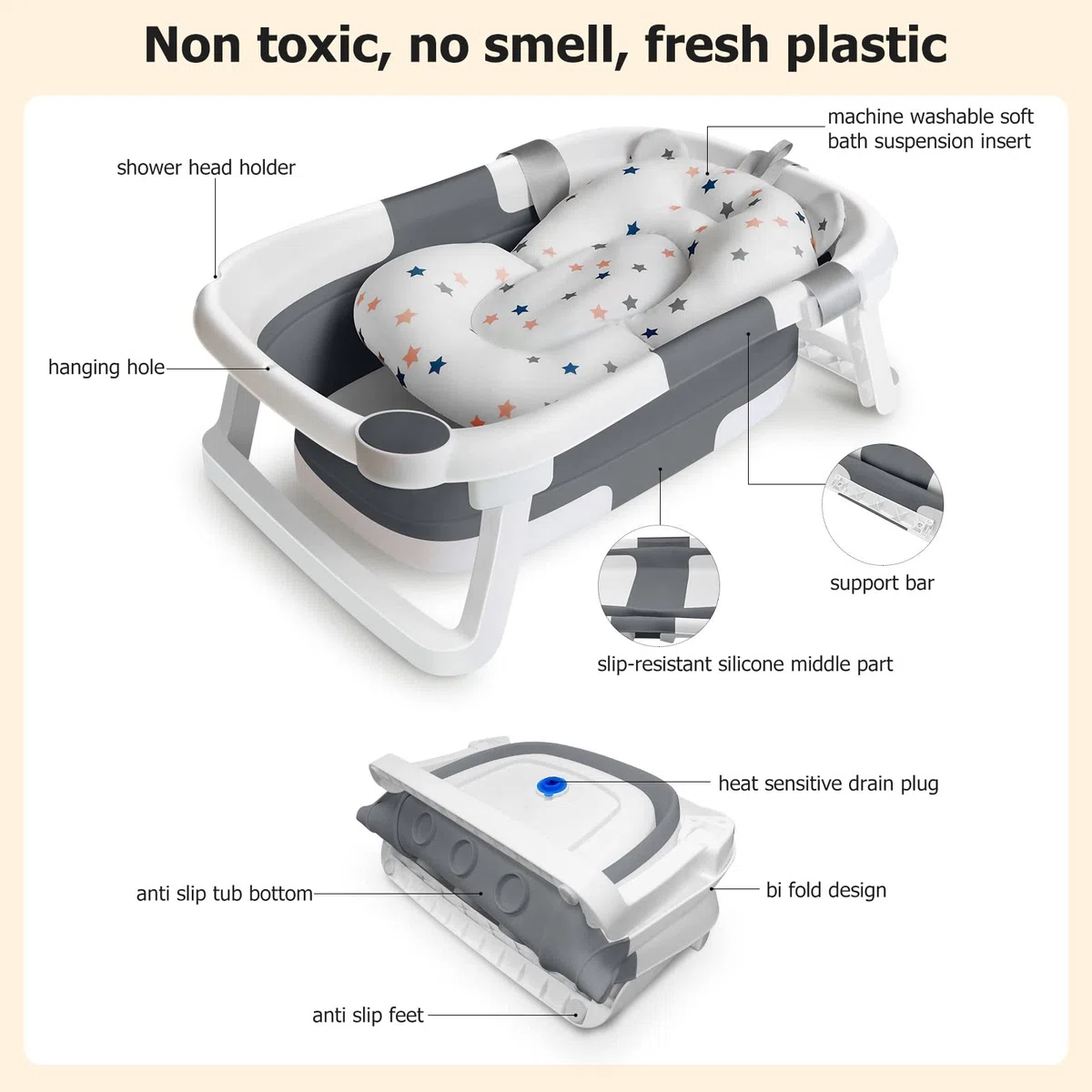 Vaschetta Bagnetto Neonato Vasca Bagno Pieghevole Neonati Bambini Supporto Riduttore Cuscino Materassino 1-3 Anni Baby Sdraietta Bacinella Tappetino Bambino Tinozza Bimbi Salvaspazio Portatile Grigio