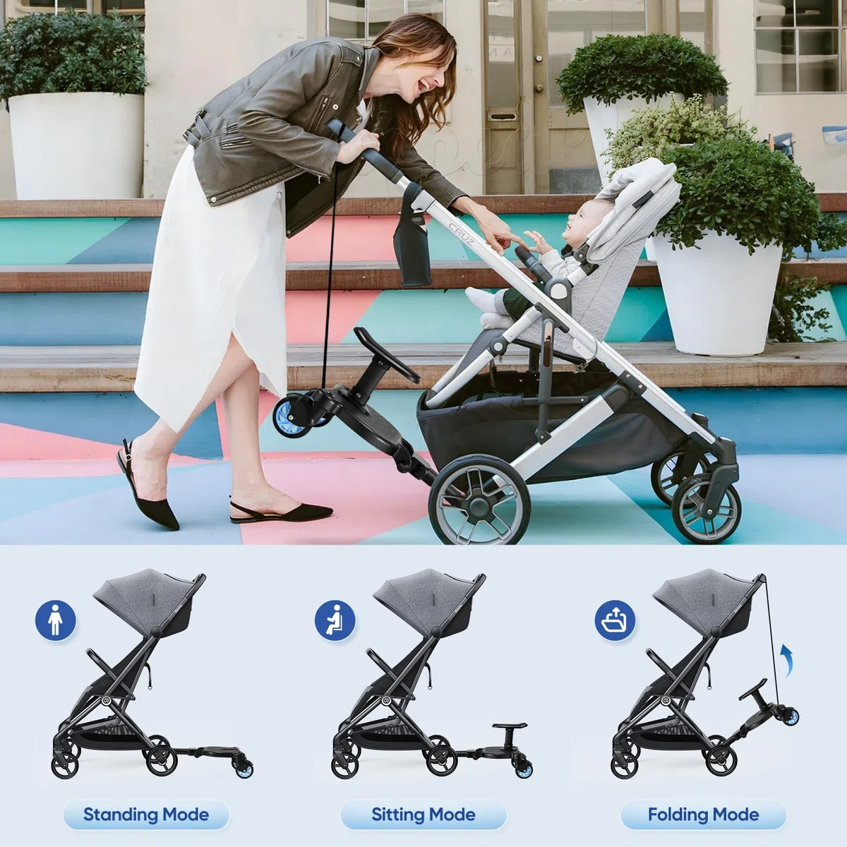 Pedana Passeggino Universale con Sedile, Tavolette Portatili per Passeggini, Design Stabile a due Ruote, con cinghia di sospensione,Accessori per Passeggini per Bambini da 2 a 6 anni,blu