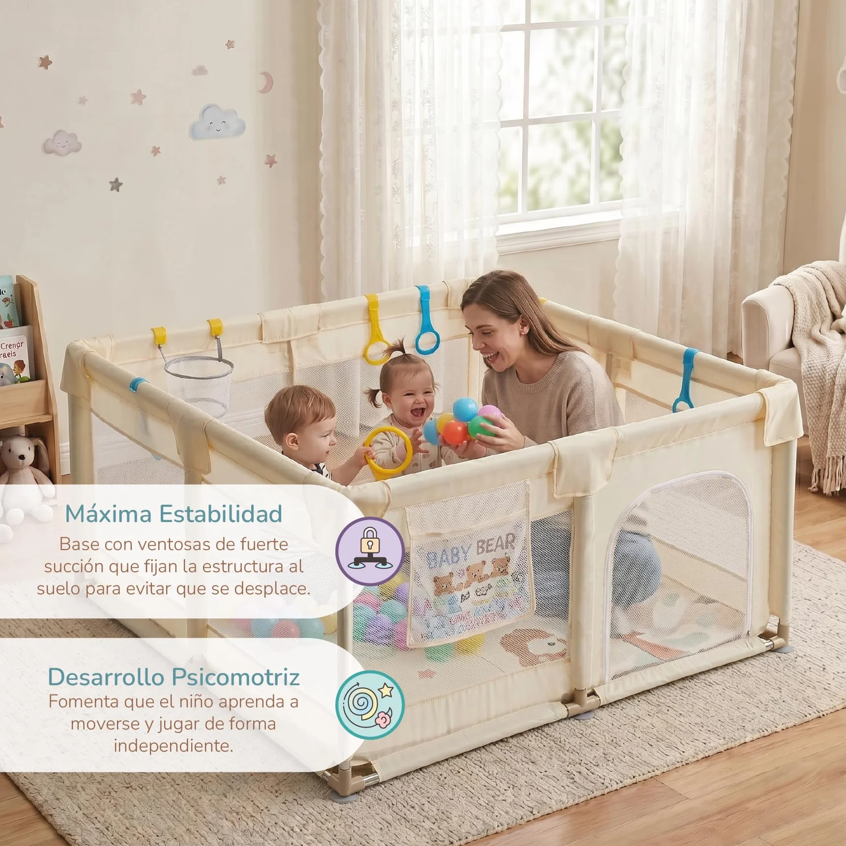 Buddy Baby Parco per bambini 120 x 120 cm pieghevole con rete traspirante e porta laterale vaniglia