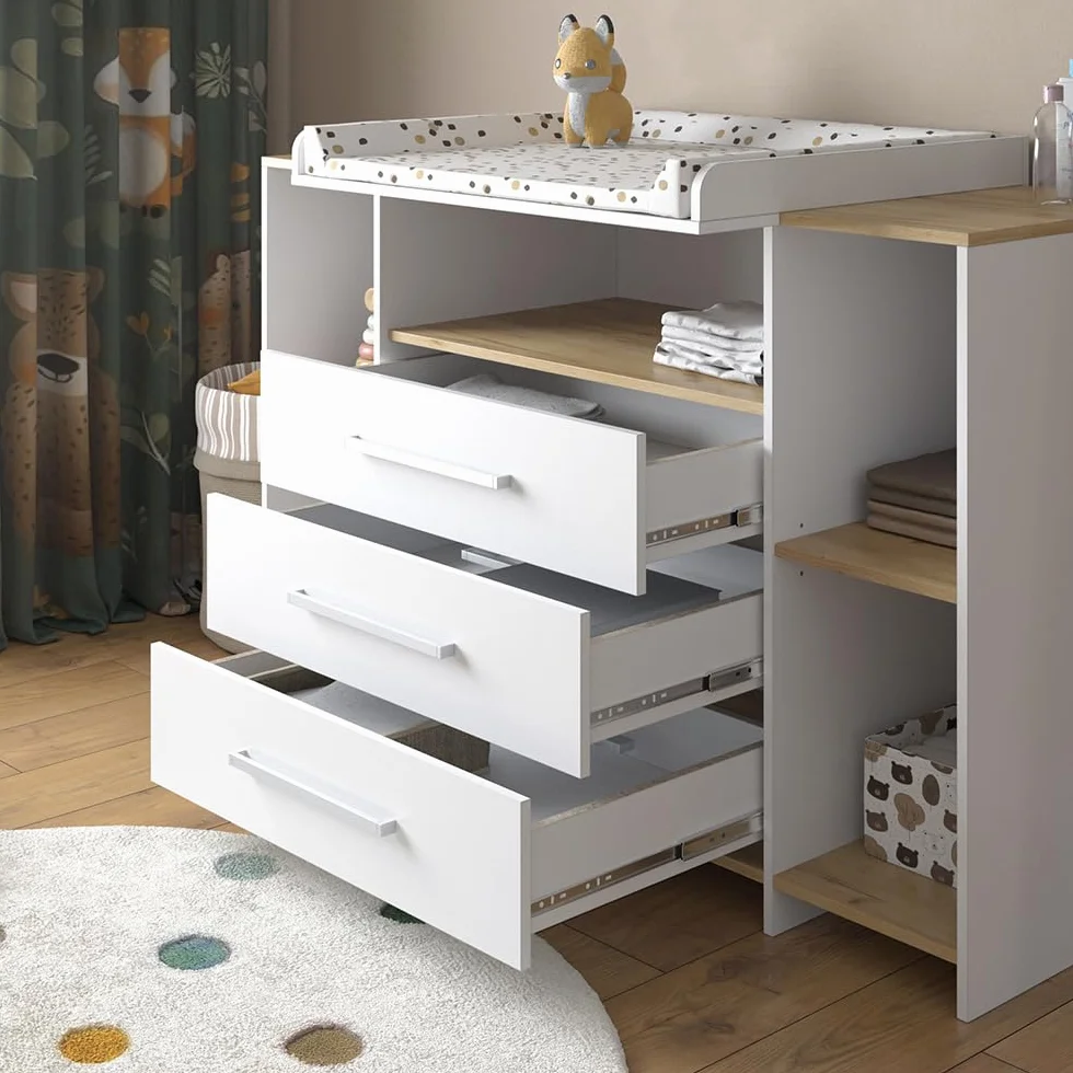 Vicco Fasciatoio Oskar, Rovere bianco/dorato, 143.2 x 93 cm, 3 cassetti, area di appoggio estensibile