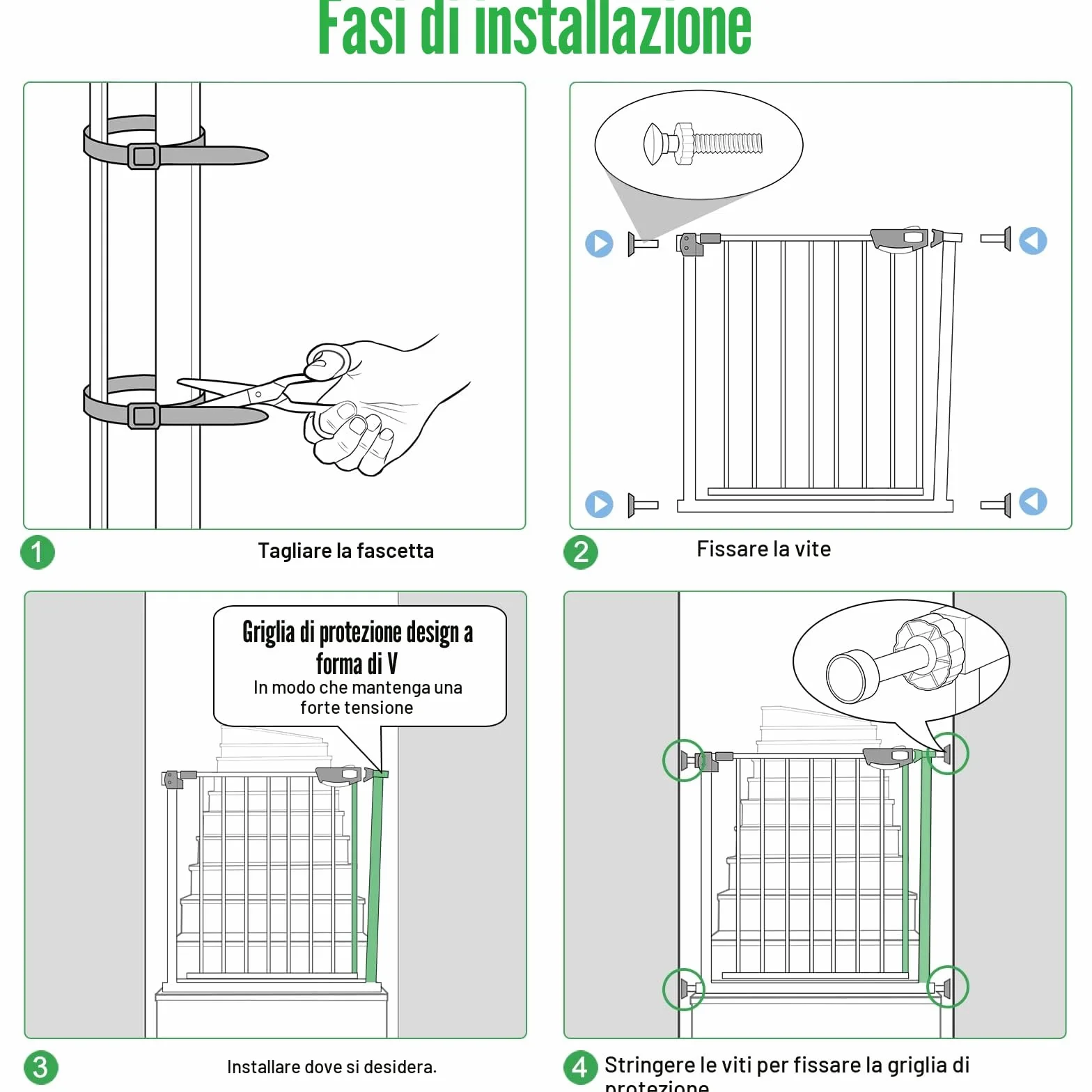 Cancelletto di protezione per porte in metallo, largo 105-115 cm, chiusura automatica, bianco