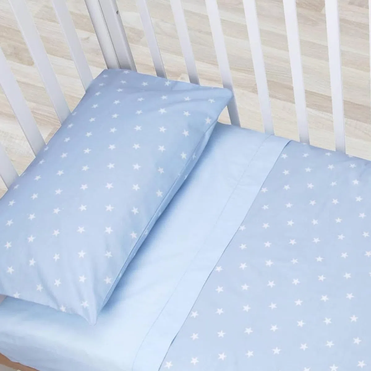 baby idea Set Copripiumino Lettino Neonato 120 x 90 e Federa Cuscino per Lettino Bambino 100% Cotone Certificato Oeko Tex (2 pezzi) (Stella Azzurro)