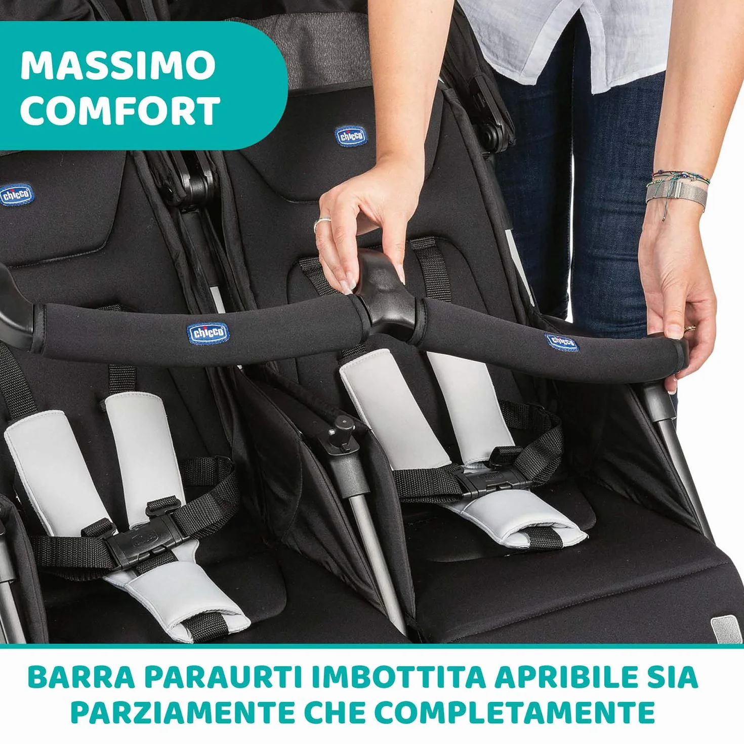 Chicco OHlalà Twin Passeggino Gemellare Doppio Leggero Reclinabile Pieghevole Chiusura Compatta Nero