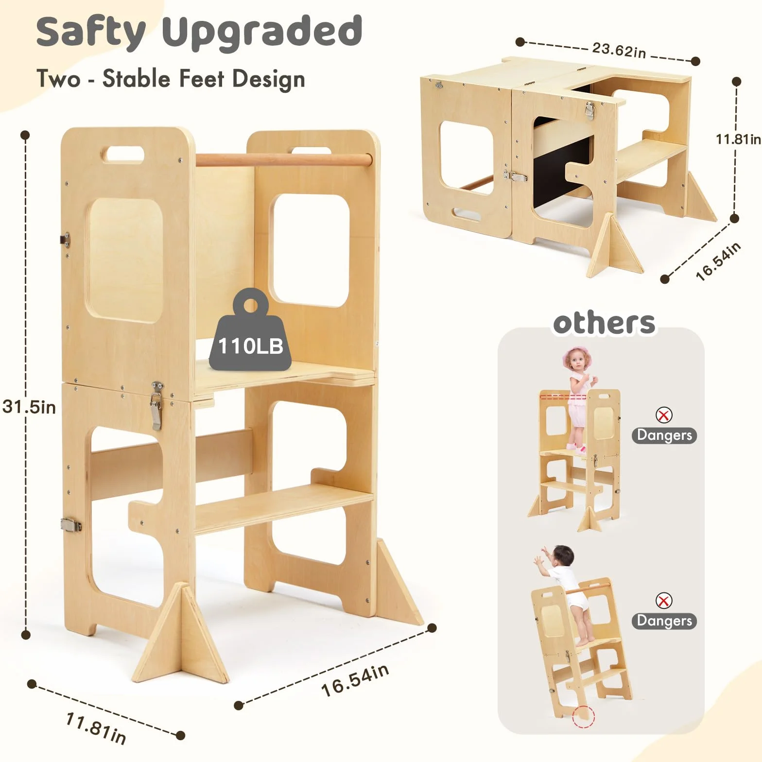 Labebe Montessori Torre per bambini 3 in 1 pieghevole didattica Scala Sgabello con lavagna Legno torretta utensili da cucina 18 mesi