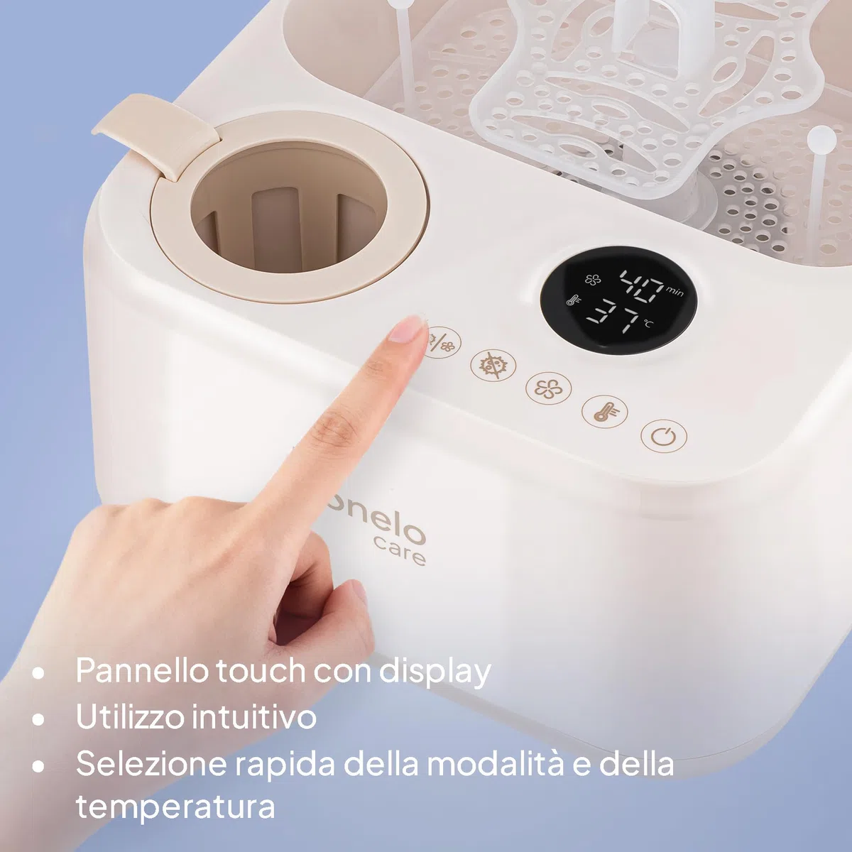 Lionelo STEAMUP Sterilizzatore Biberon 3 in 1 Elettrico, Sterilizzatore a Vapore con Asciugatura Automatica e Scaldabiberon, 99,99% Batteri, Pannello Touch, Auto Spegnimento, BPA Free, per 4 Biberon
