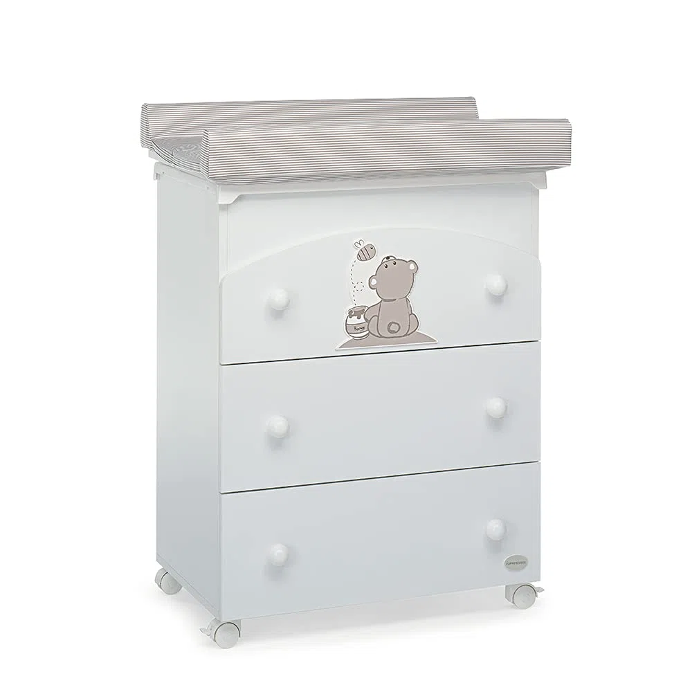 Foppapedretti Bagnetto Fasciatoio Golosone, Legno, Made in Italy, 3 Cassetti, Piano Fasciatoio Ribaltabile, Vaschetta Anatomica Estraibile, 4 ruote, Materassino Incluso, 47x69x89 cm, Bianco