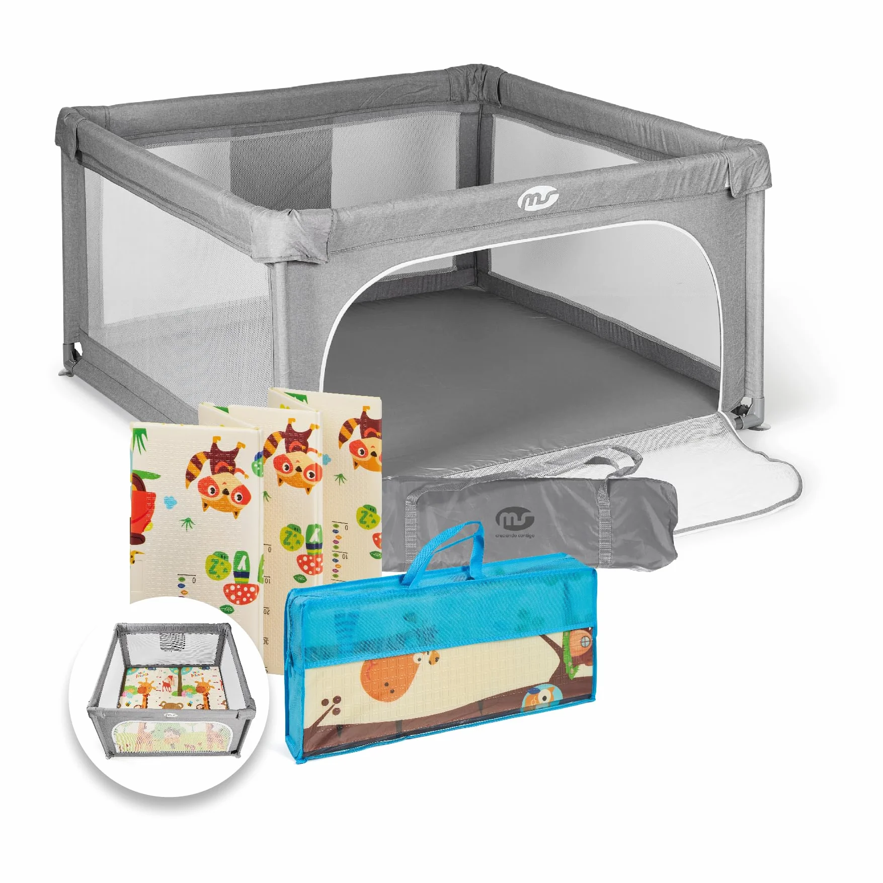MS BabyWorld - Recinto per bambini L + Tappeto gioco per bambini 120 * 120cm - Tappeto bifacciale, altamente imbottito (spessore 1 cm), Box molto grande e alto - pieghevole e con borsa trasporto