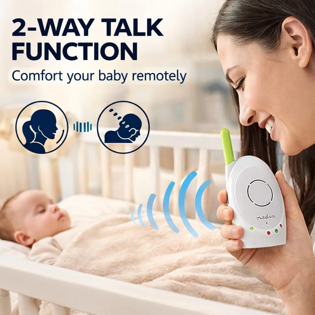 Nedis Audio Baby Monitor - Telefoni wireless per bambini con interfono, portata 300 m, Set di 2, Verde/Bianco