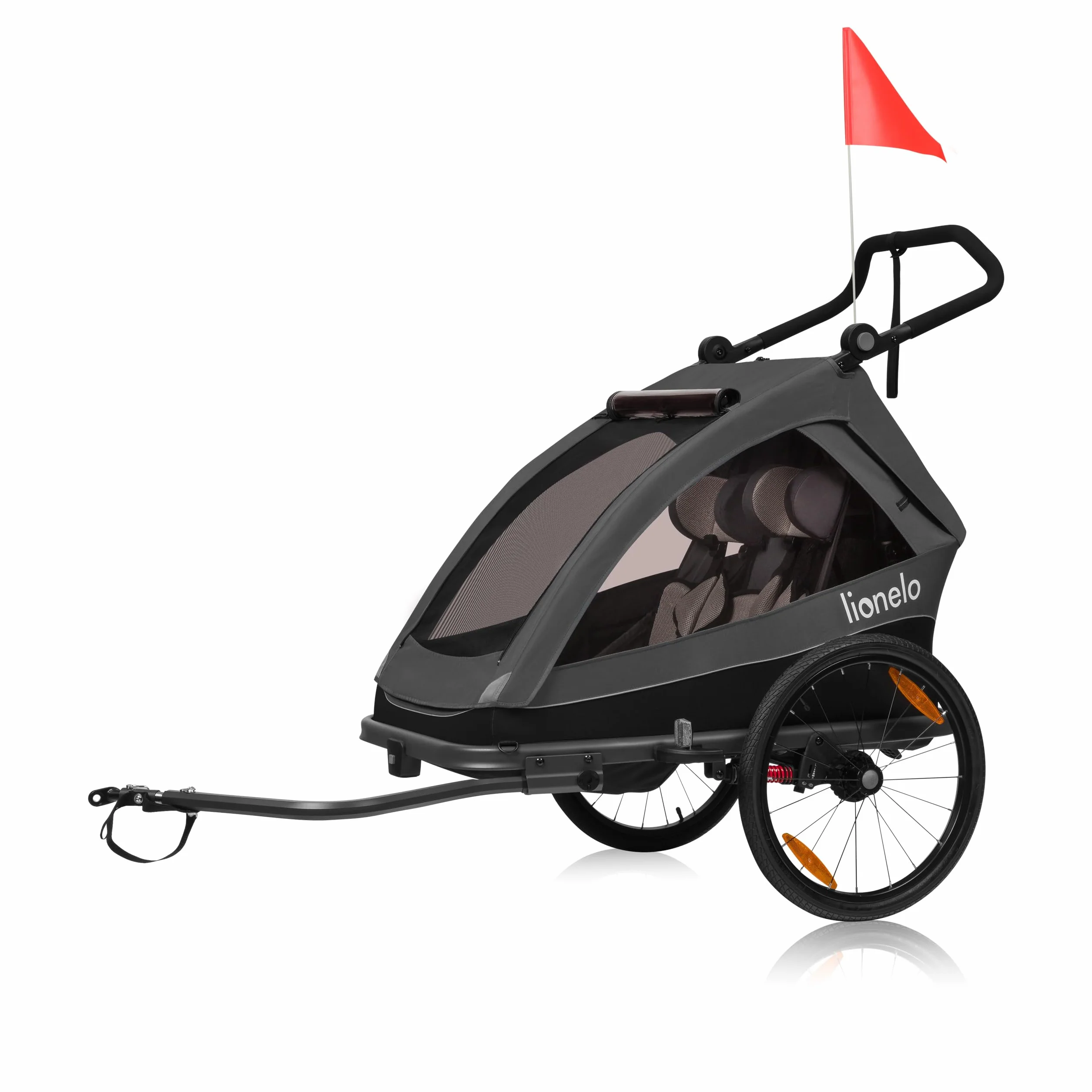 LIONELO CAMA Rimorchio per bicicletta 2 in 1 con funzione passeggino per 2 bambini 22 kg sospensioni ruote grandi tettuccio impermeabile