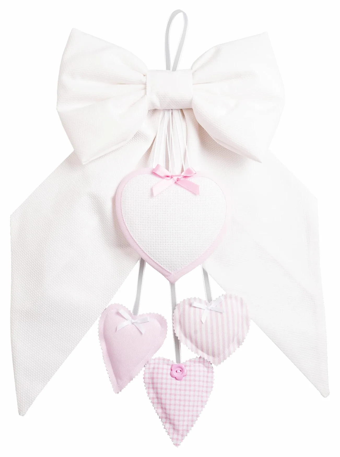 Filet - Fiocco Nascita Bianco con Cuoricini Pendenti Rosa e Cuore in Tela Aida da Ricamare, Cotone, Ideale da Appendere per Annunciare la Nascita di una Bambina, Made in Italy, Rosa
