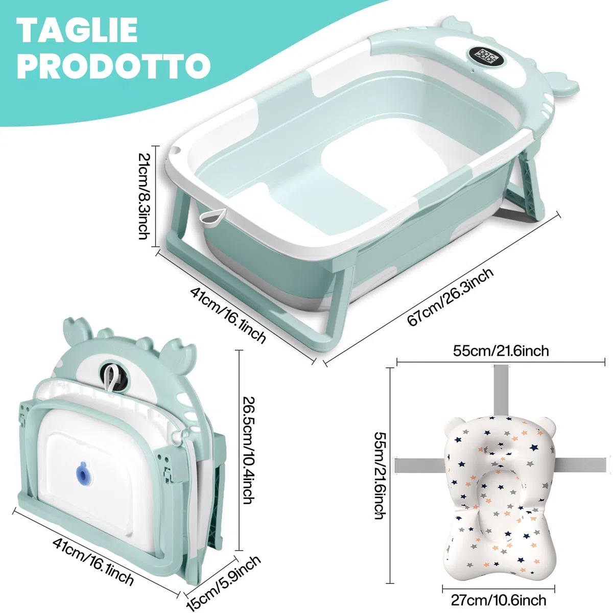 Vaschetta Bagnetto Neonato Pieghevole, Vaschetta Bagnetto Neonato con Termometro E Cuscino Staccabile, Riduttore Vaschette Bagnetto 0-36 Mesi (Verde)