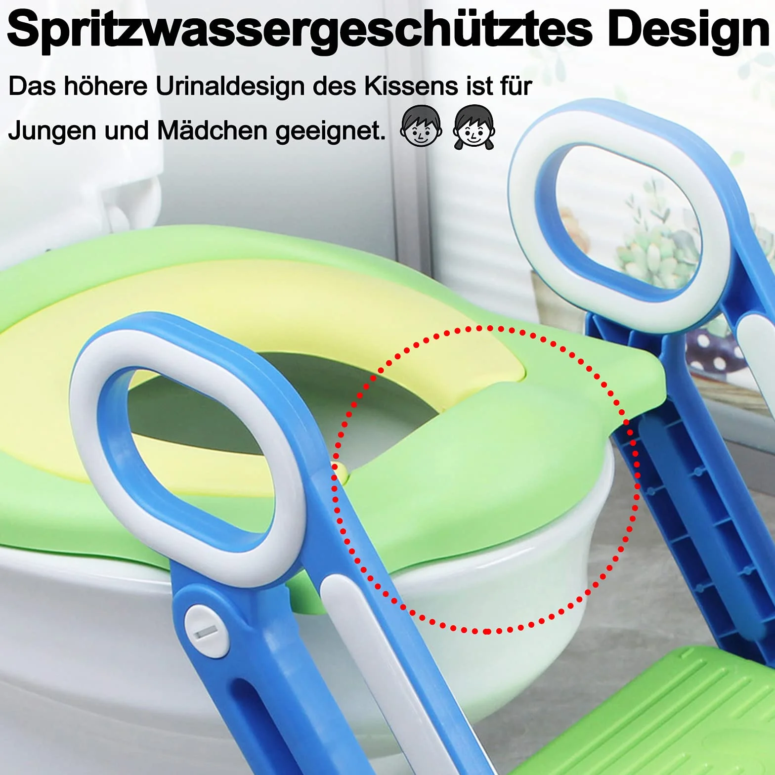 NAIZY Sedia da WC per Bambini con Scala Pieghevole, Regolabile in Altezza, Cuscino Imbottito in PU e Maniglie, Adatta a Bambini da 1 a 7 Anni, Blu e Verde