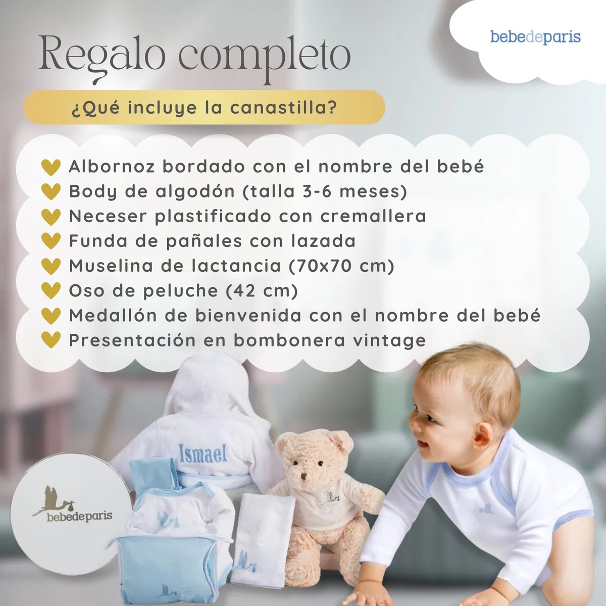BebeDeParis Set Regalo Nascita personalizzato per neonato: Accappatoio, Body, Néceser, custodia Muselina e orso di peluche 6/12 mesi