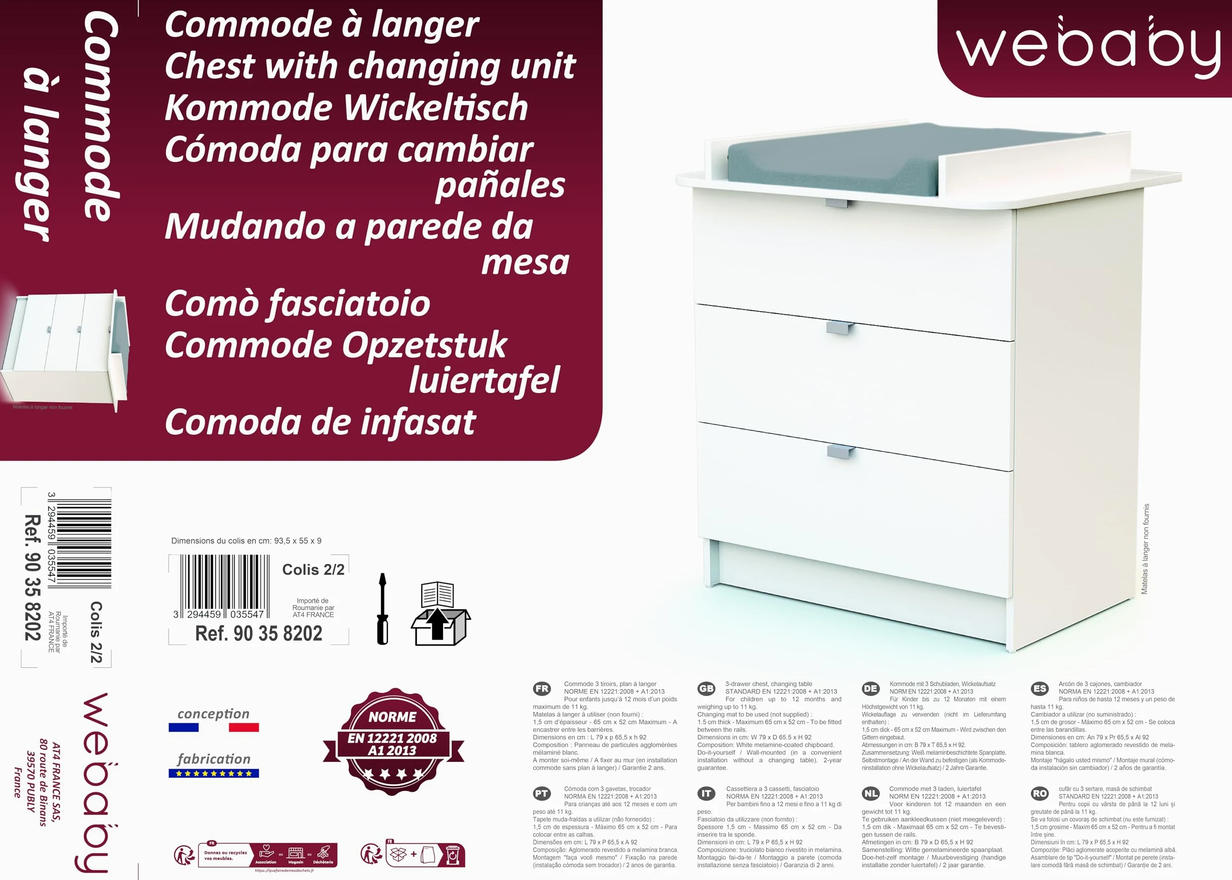 Webaby - Cassettiera fasciatoio 3 cassetti legno - Bianco -79 x 65,5 x 92 cm